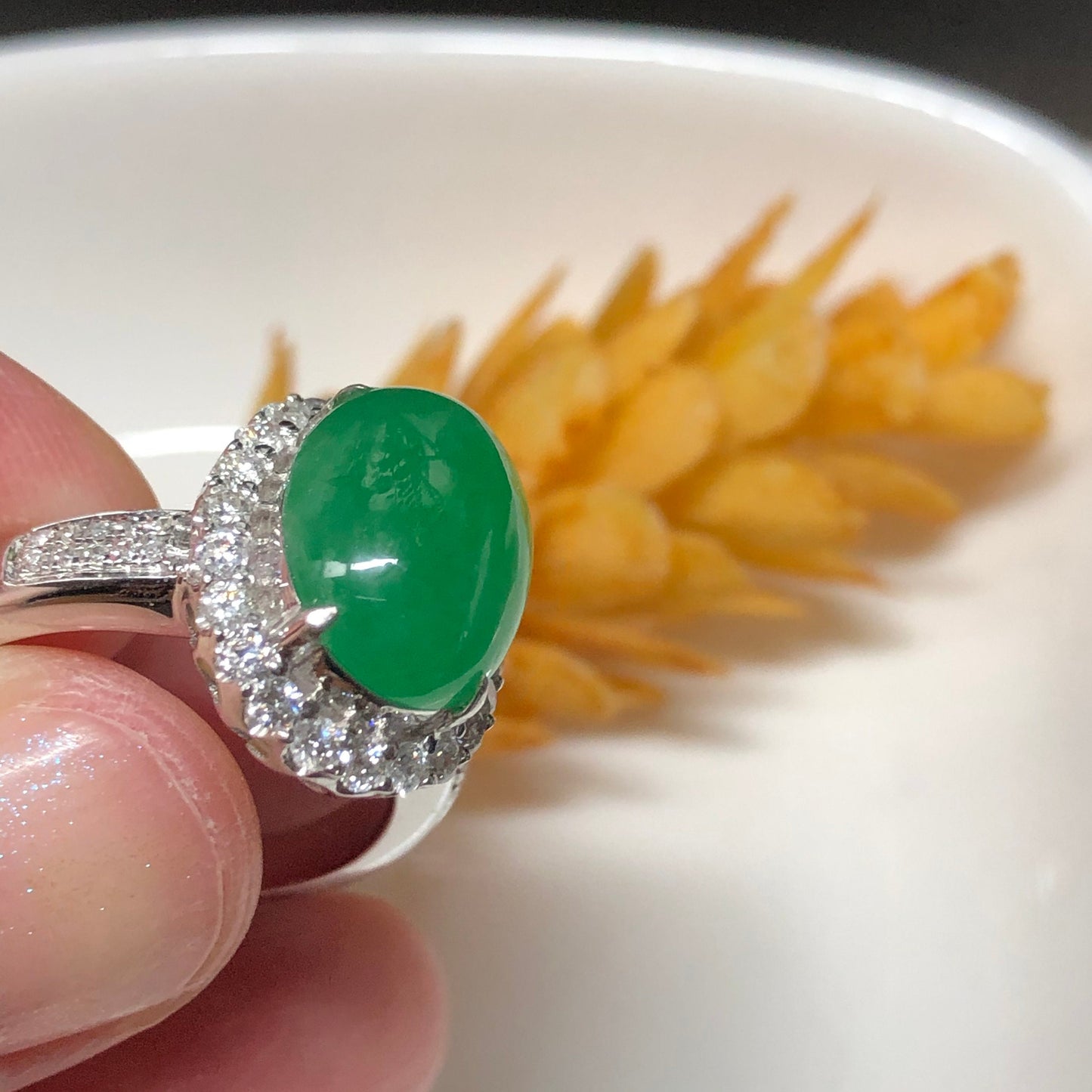 Certified Myanmar Grade A Jadeite Jade Green Janie Oval Cabochon Ring 18K White Gold 11.9mm