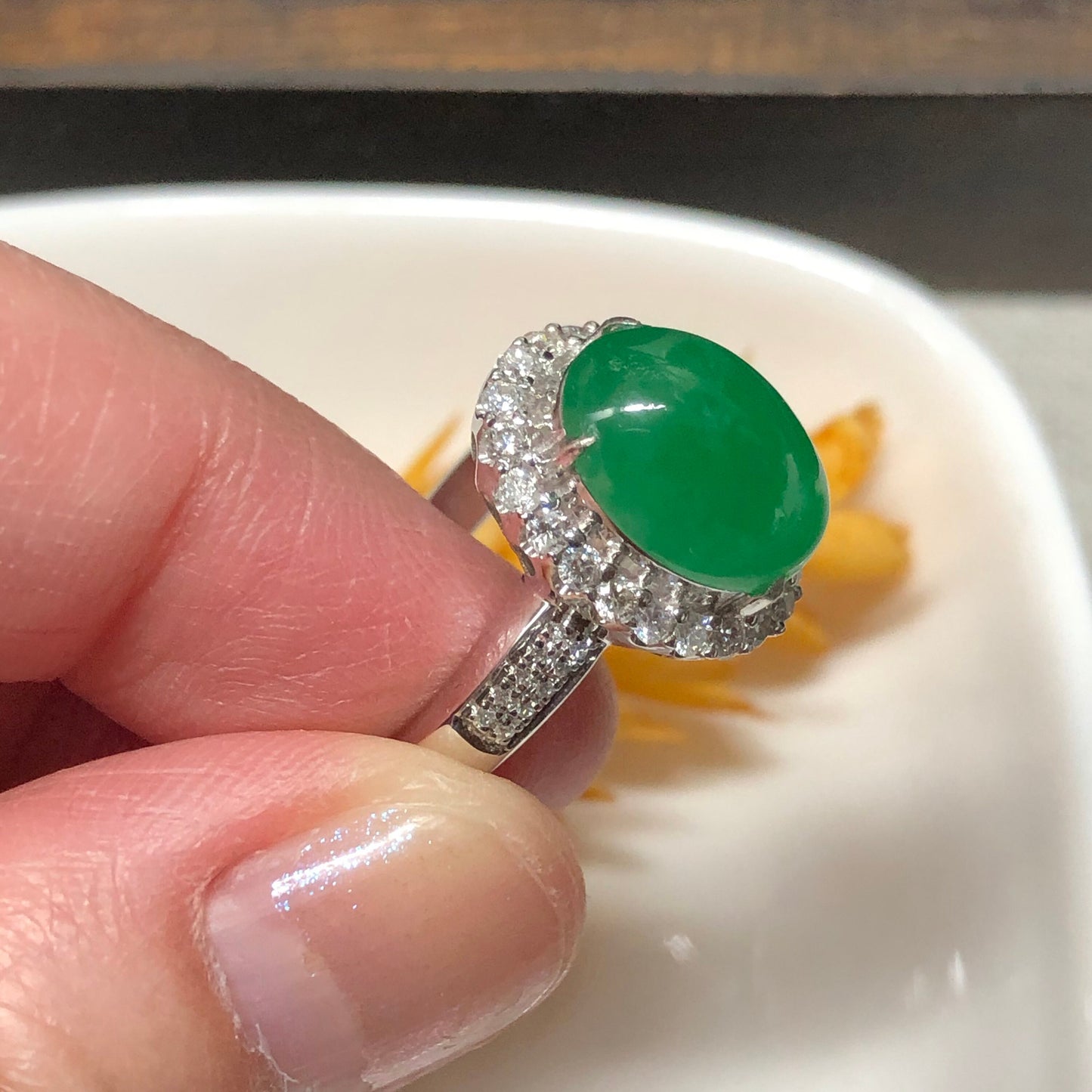 Certified Myanmar Grade A Jadeite Jade Green Janie Oval Cabochon Ring 18K White Gold 11.9mm