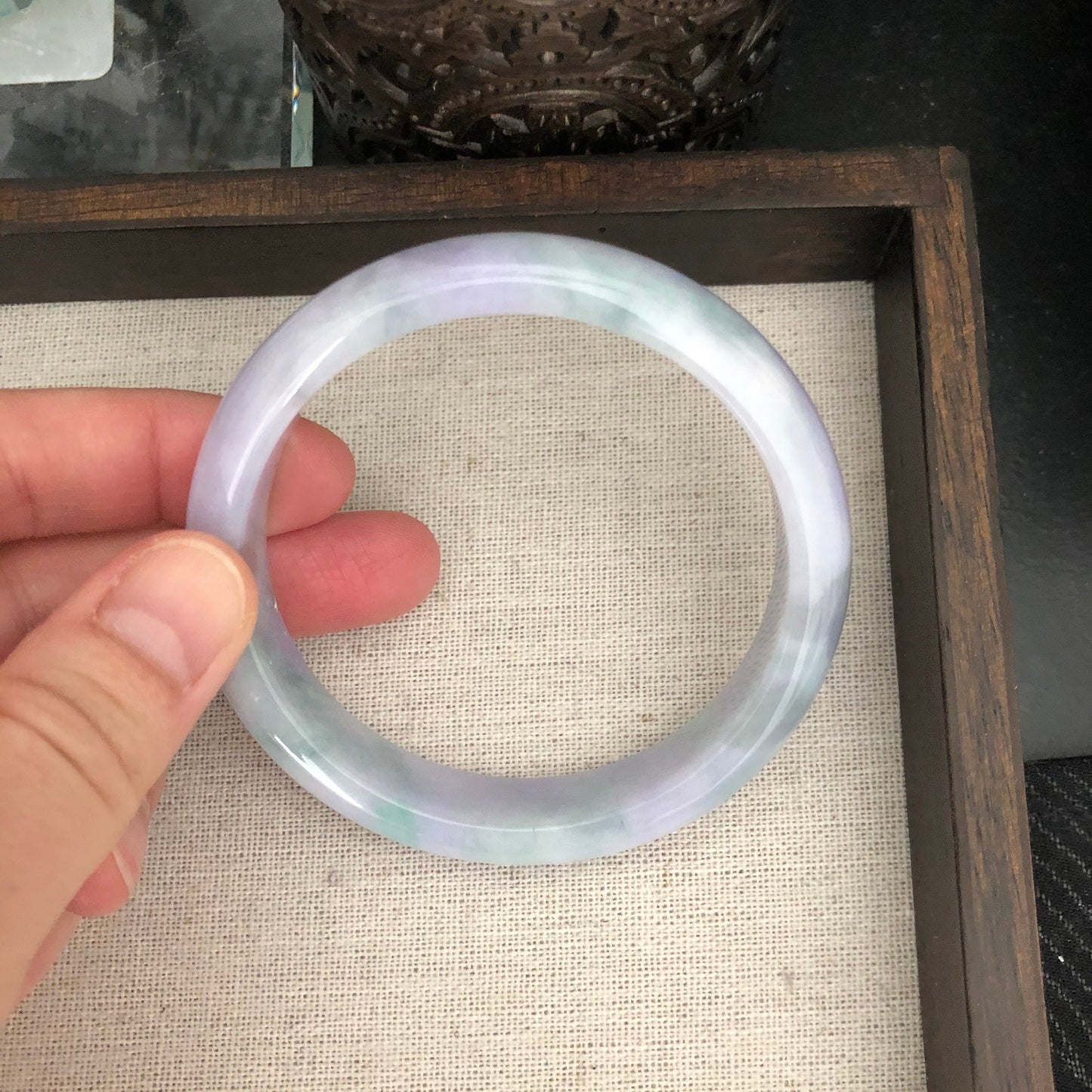 Grade A Myanmar Lavender Green Duo Glutinous D-Shaped Jadeite Jade Bangle 57.5mm