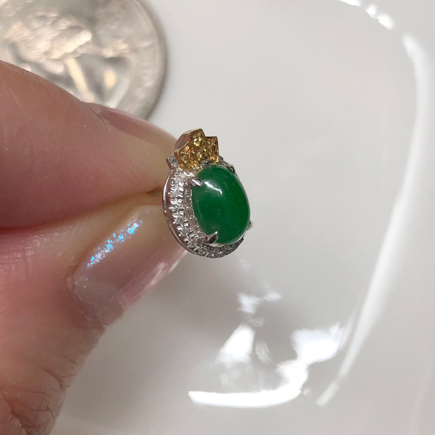Certified Myanmar Grade A Jadeite Jade Yang Green Oval Cabochon Stud Earring 18K White Gold Diamonds