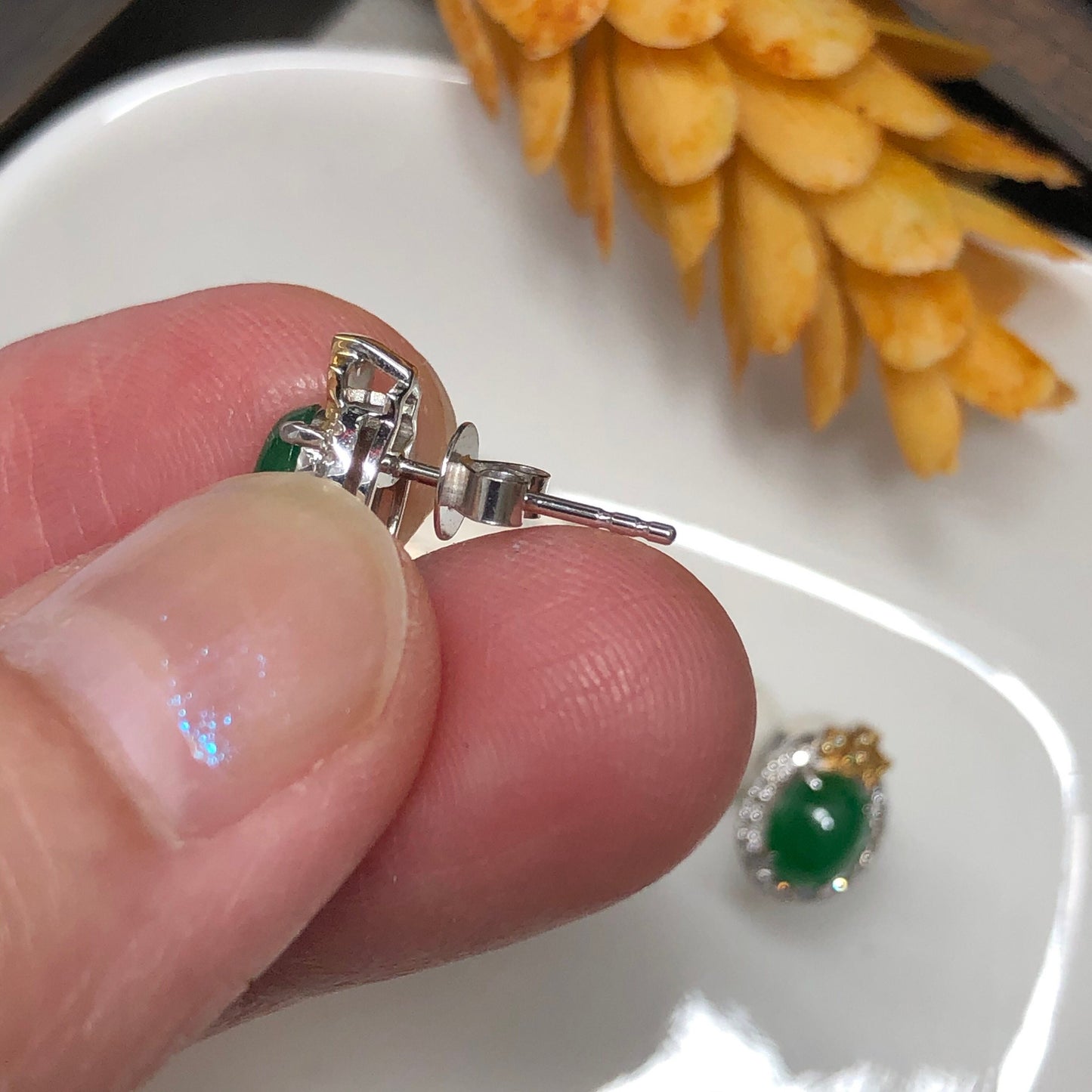 Certified Myanmar Grade A Jadeite Jade Yang Green Oval Cabochon Stud Earring 18K White Gold Diamonds
