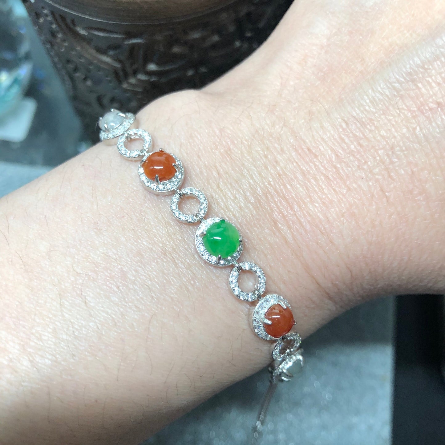 Myanmar Grade A Green Red Icy Jade Jadeite Bracelet Assorted cabochon bracelet set on 925 sterling silver
