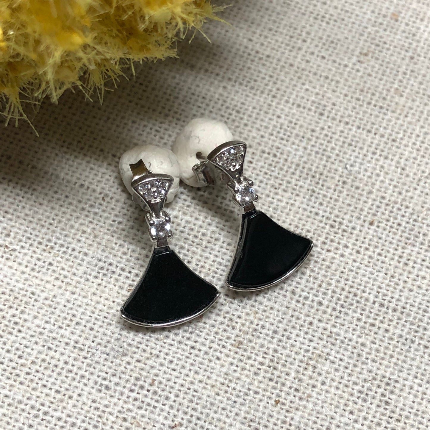 Certified Myanmar Grade A Black Jadeite Jade Fan Stud Earring 925 Sterling Silver Diamonds