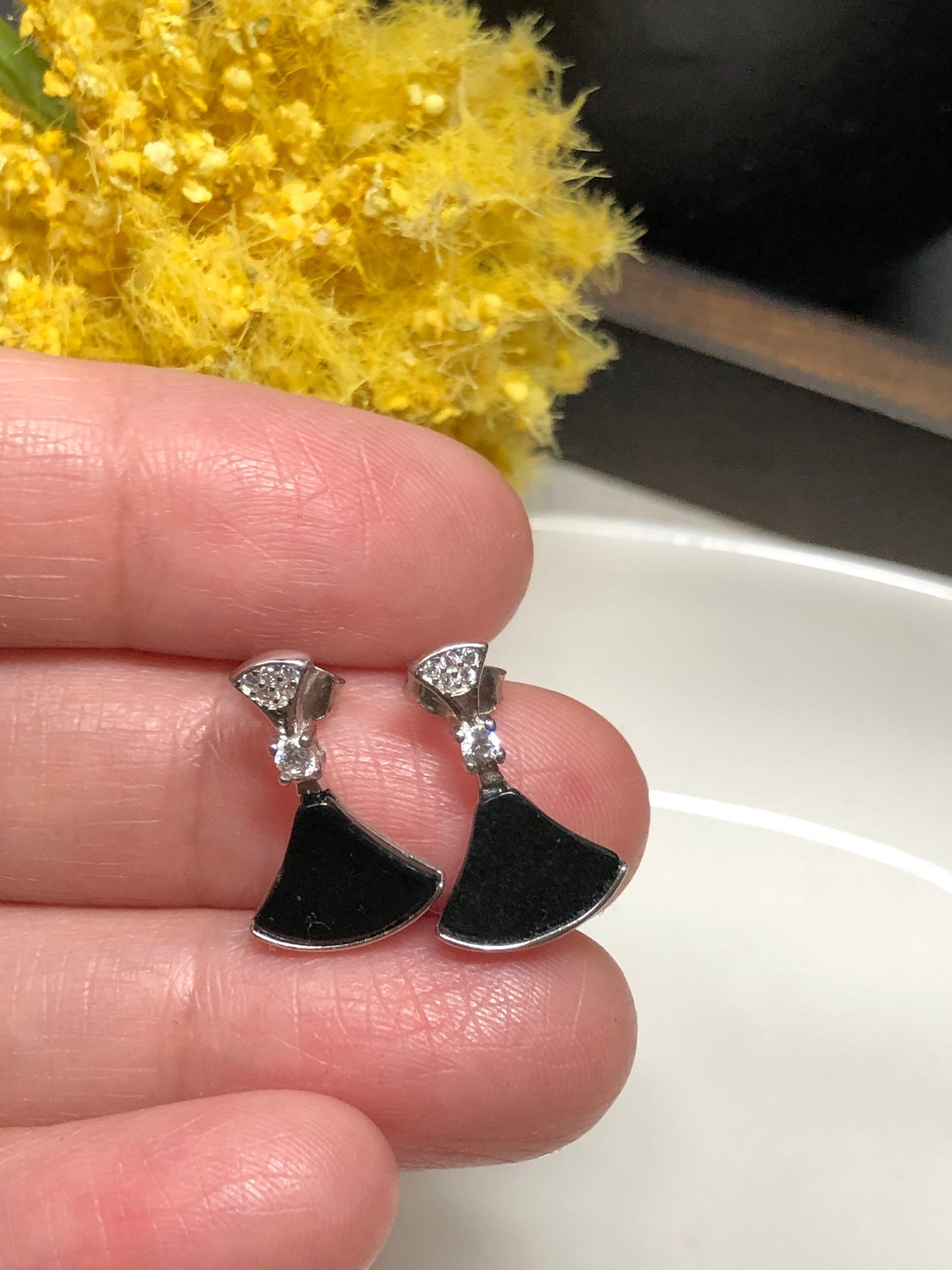Certified Myanmar Grade A Black Jadeite Jade Fan Stud Earring 925 Sterling Silver Diamonds