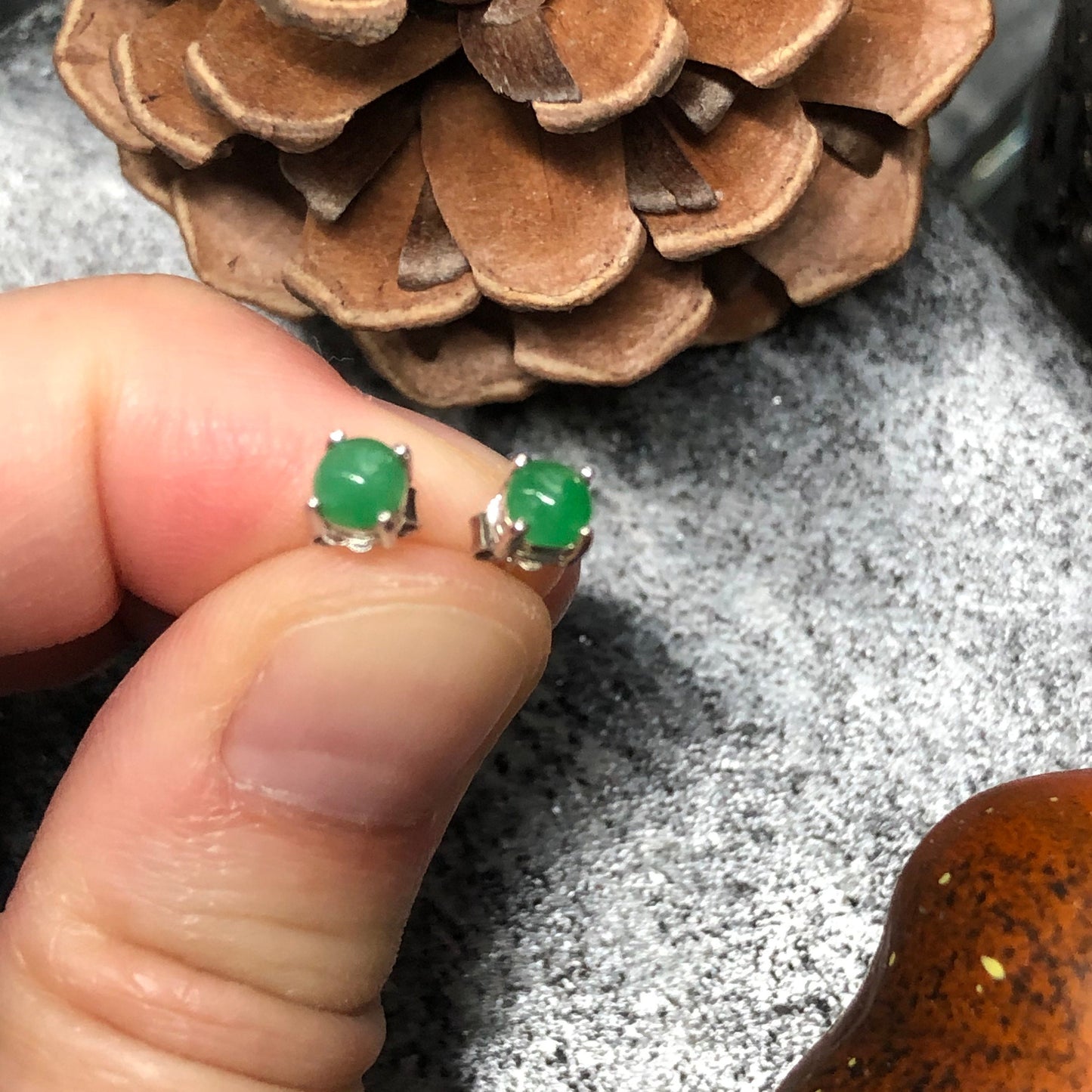 Certified Grade A Green Jadeite Jade mini cabochon earrings set on 925 sterling silver