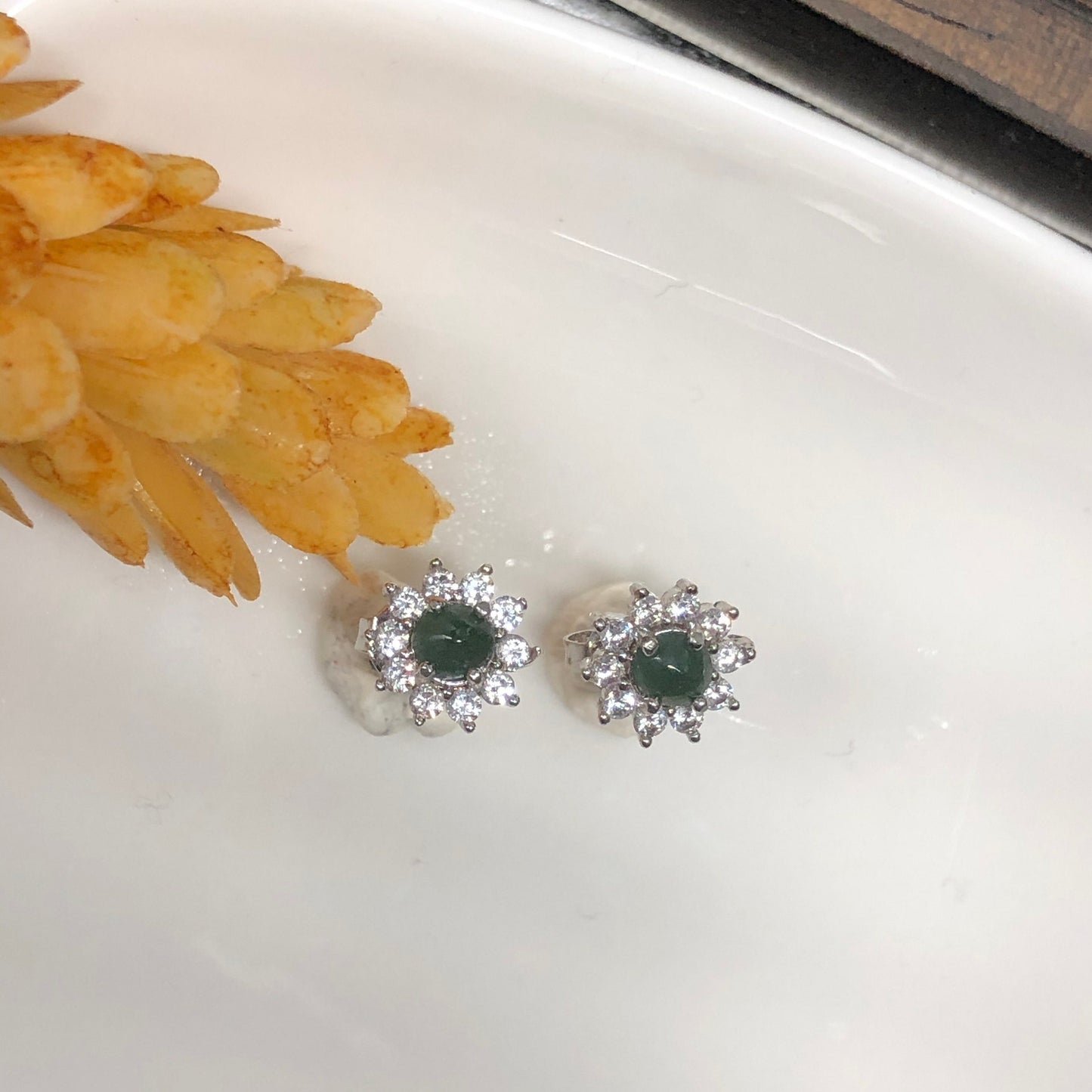 Myanmar Grade A Jadeite Jade Mini Cabochon Earring 925 Sterling Silver Flower Shaped with Diamonds