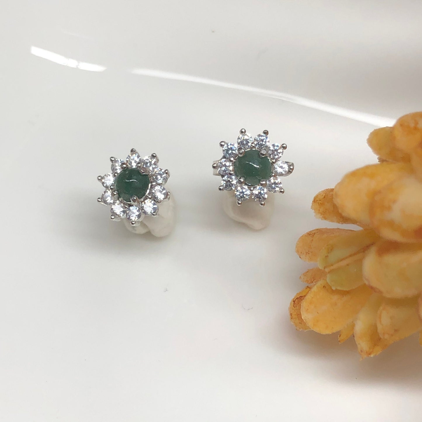 Myanmar Grade A Jadeite Jade Mini Cabochon Earring 925 Sterling Silver Flower Shaped with Diamonds
