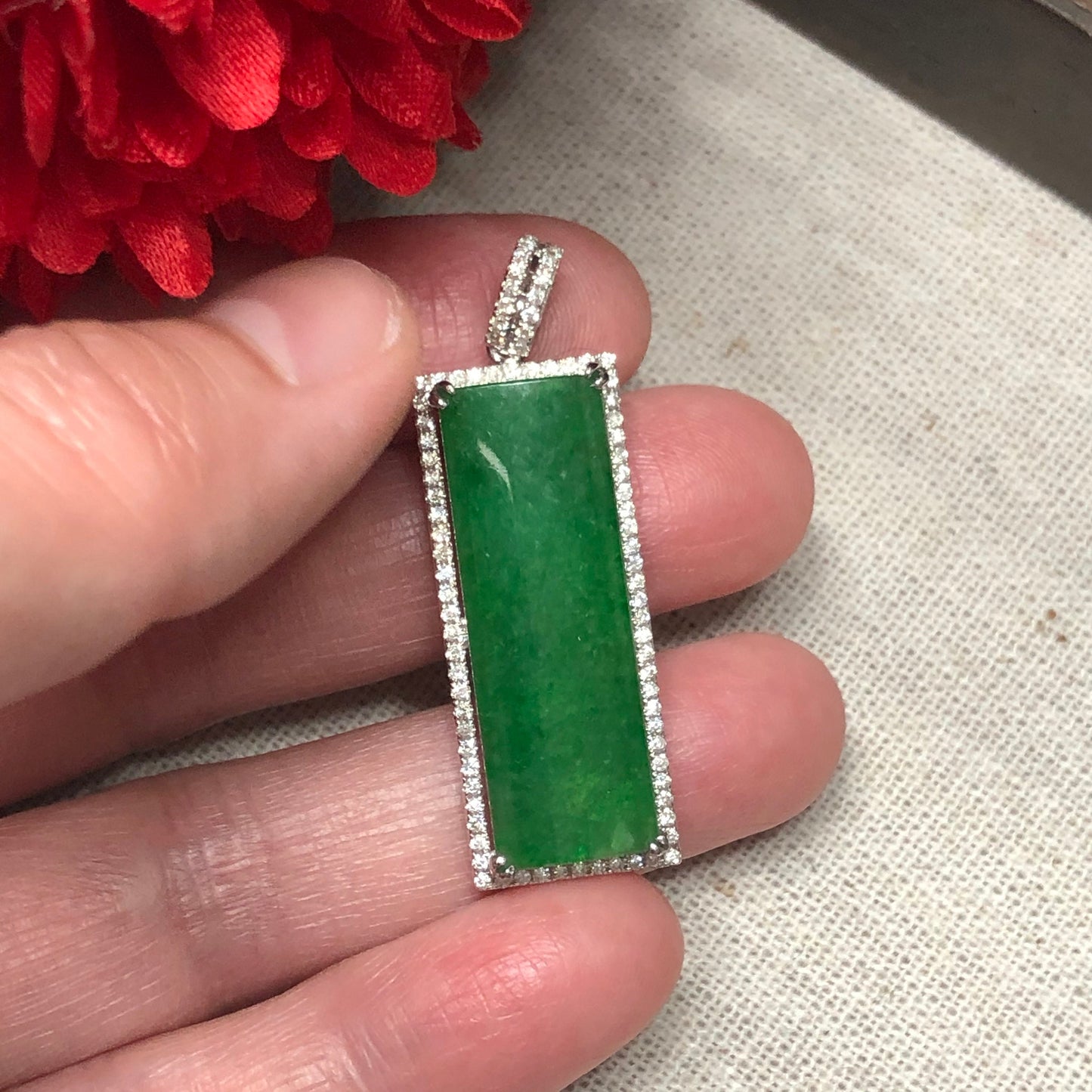 31mm Jadeite Jade Vertical Long Emerald Green Pendant set on 18K White Gold Diamonds