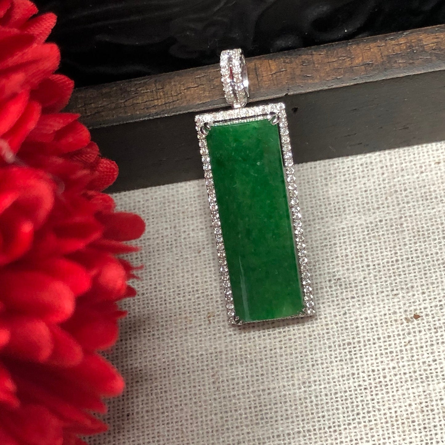 31mm Jadeite Jade Vertical Long Emerald Green Pendant set on 18K White Gold Diamonds