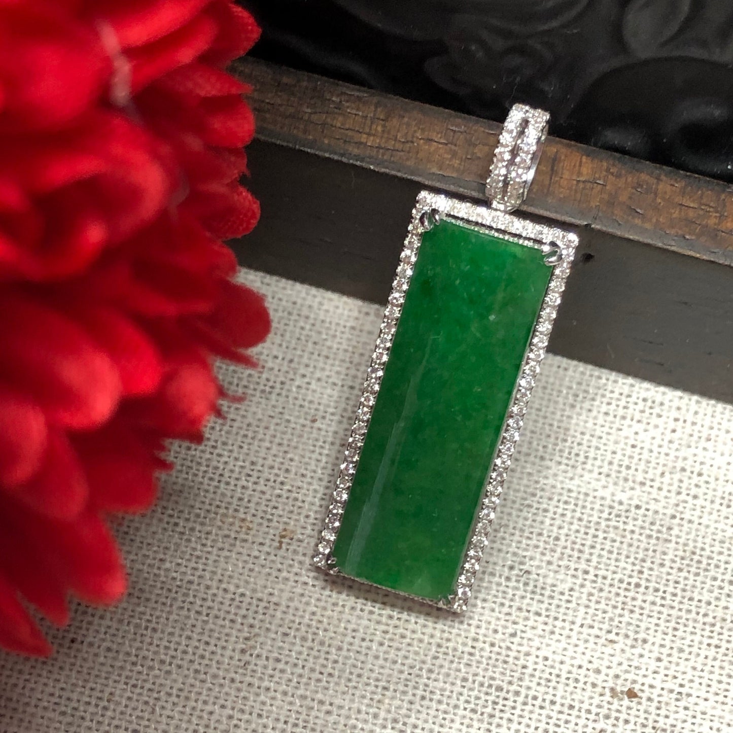 31mm Jadeite Jade Vertical Long Emerald Green Pendant set on 18K White Gold Diamonds