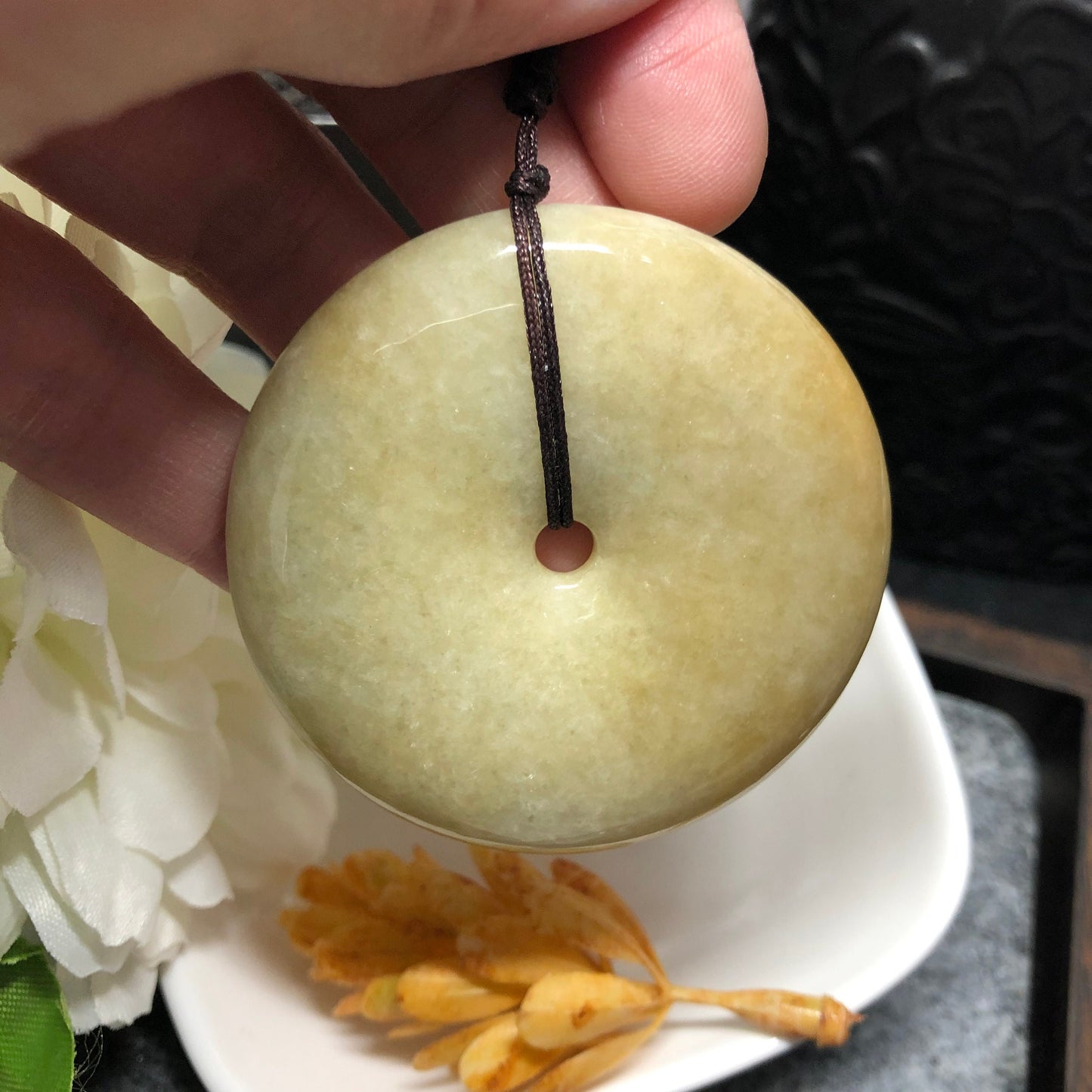 53.2mm Certified Myanmar Grade A RARE Super Big Brown Yellow Jadeite Jade Peace Donut Pendant Keychain Medallion