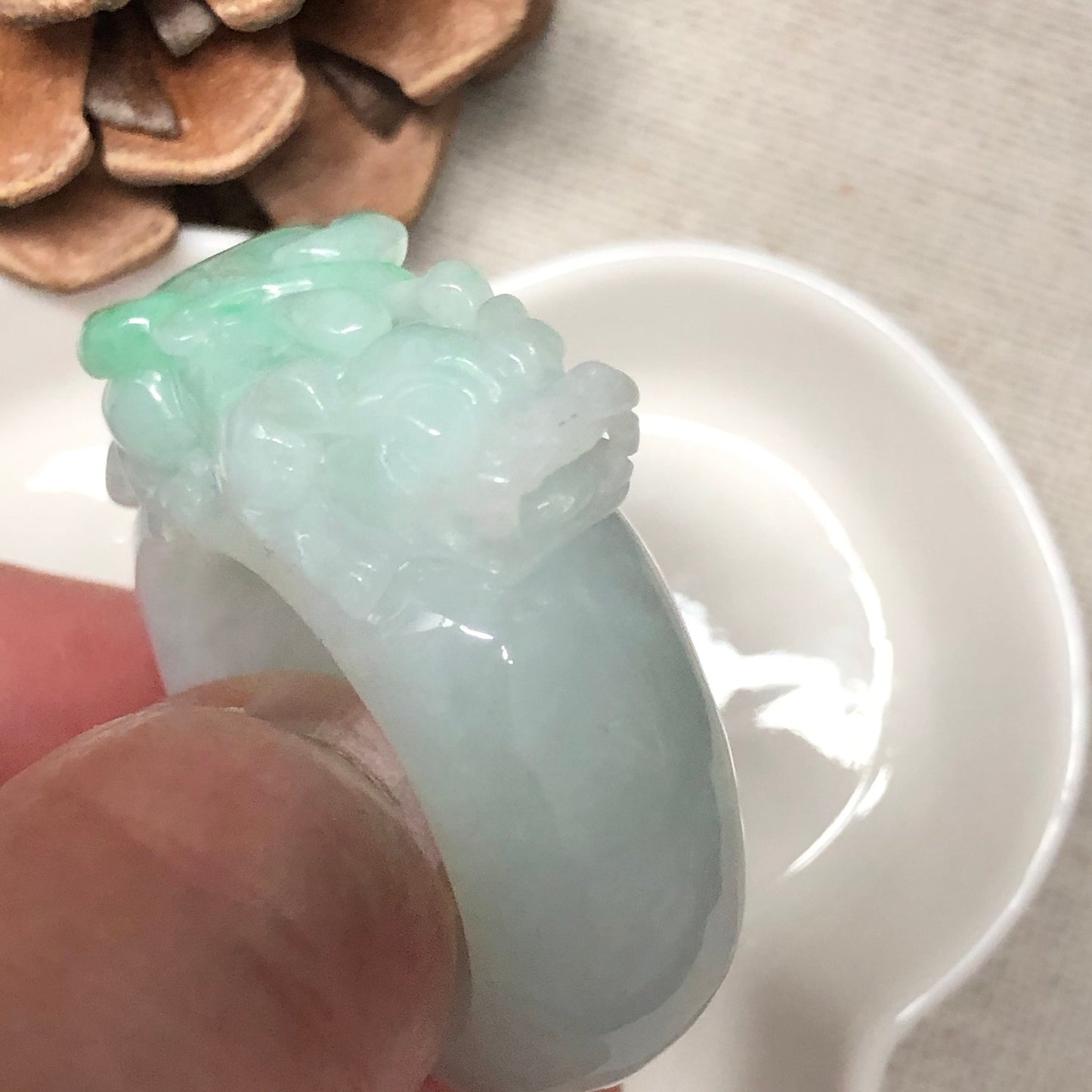 Certified Grade A Jadeite Jade Yang Green Carved Pixiu Ring 21mm