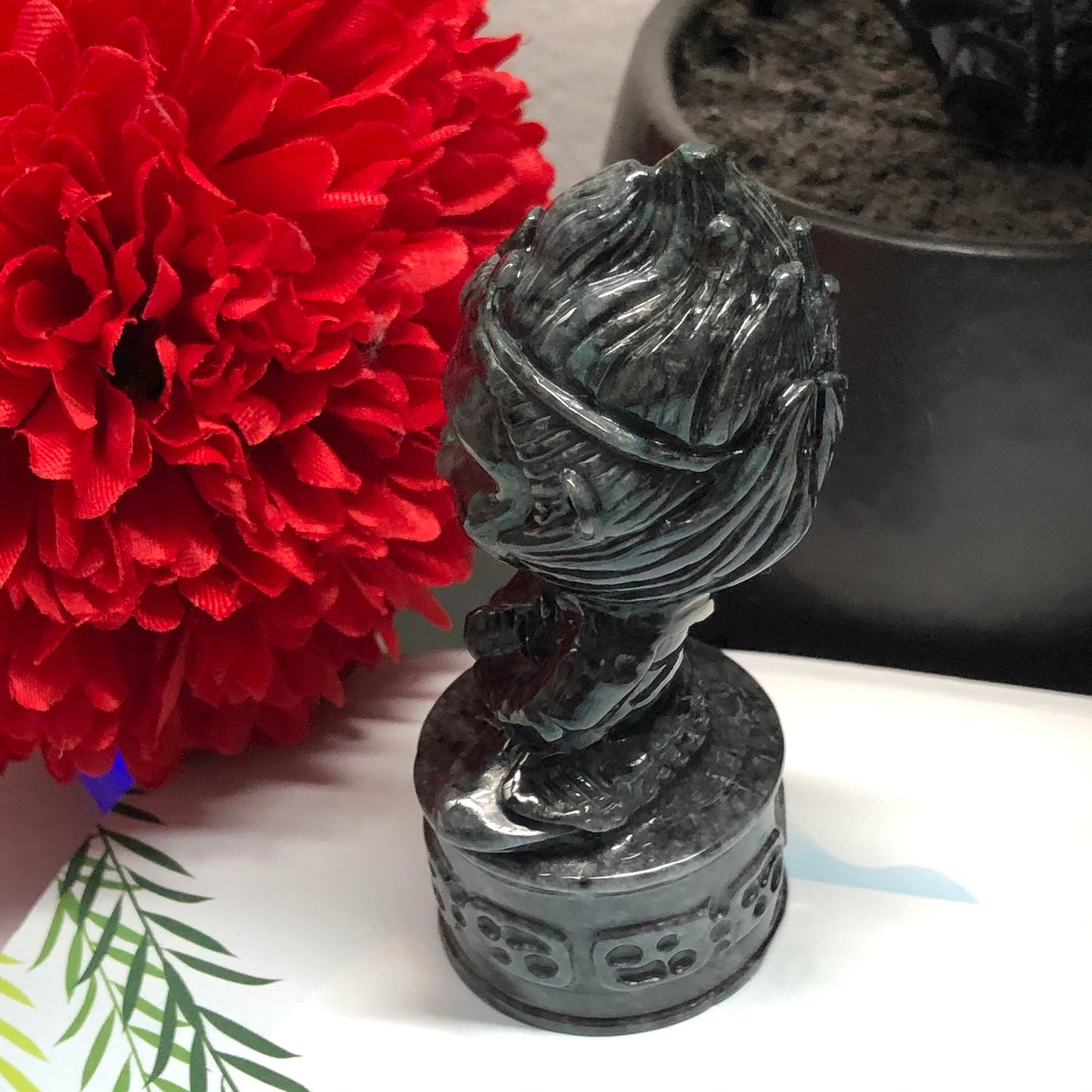 Certified Myanmar Grade A RARE Carved Wuji Black Grey Praying Monkey King Jadeite Jade Display