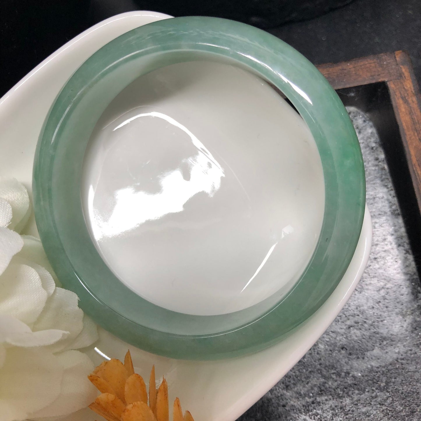 Reserved. 57mm Grade A Icy Green Round D-Shaped Jadeite Jade Bangle Translucent