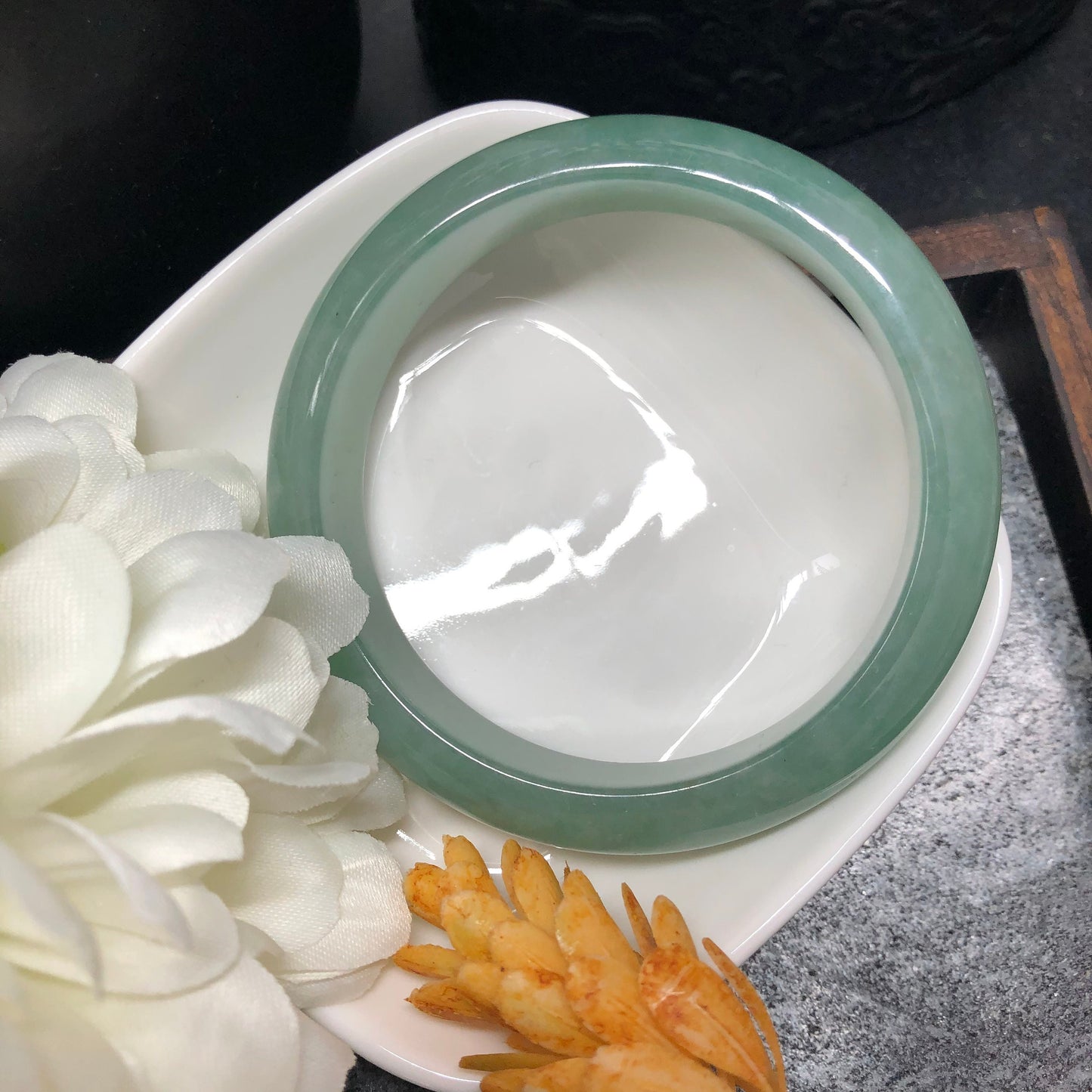 Reserved. 57mm Grade A Icy Green Round D-Shaped Jadeite Jade Bangle Translucent