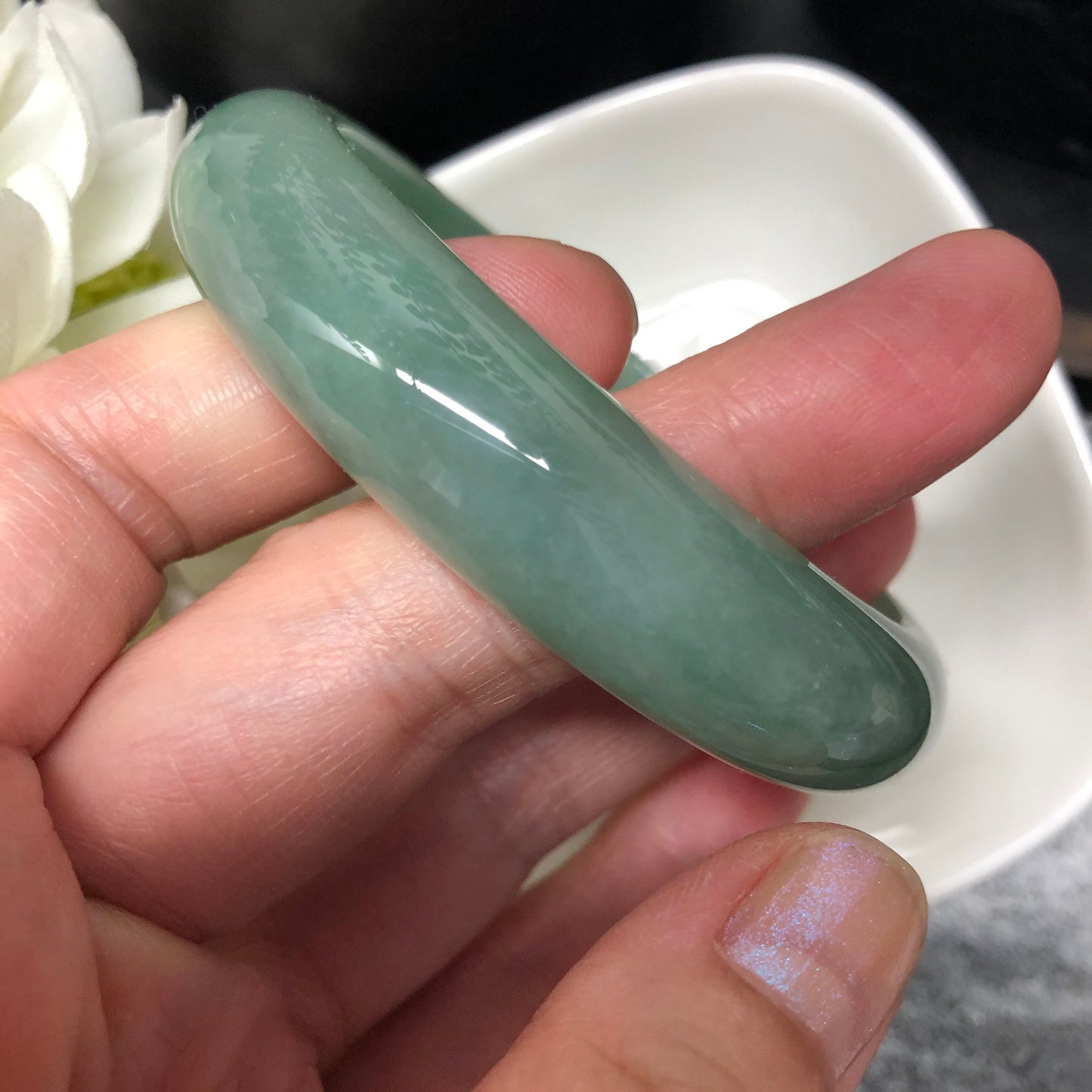 Reserved. 57mm Grade A Icy Green Round D-Shaped Jadeite Jade Bangle Translucent