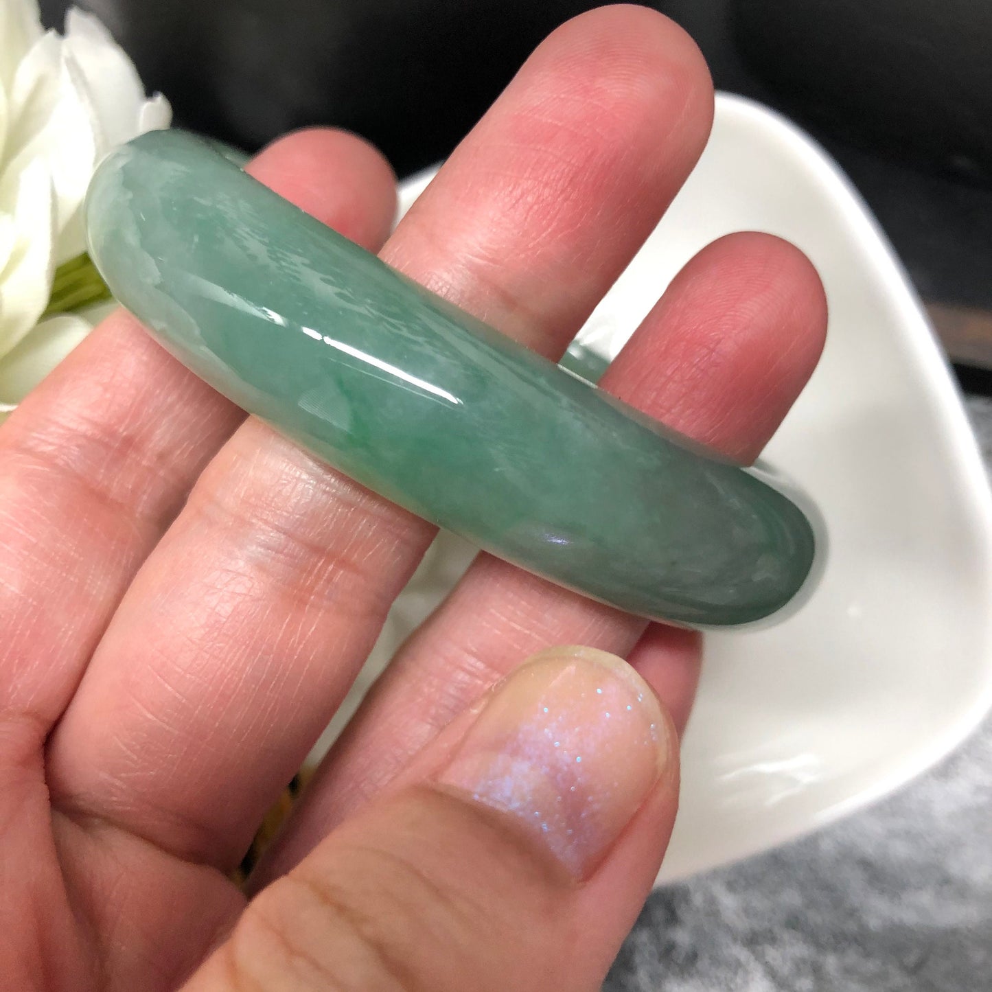 Reserved. 57mm Grade A Icy Green Round D-Shaped Jadeite Jade Bangle Translucent