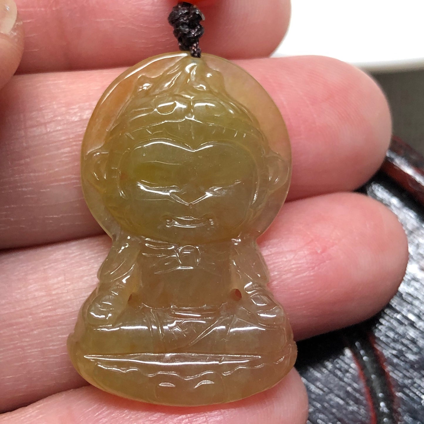 SALE: Grade A Carved Yellow Brown Monkey King Jadeite Jade Pendant with Leather Neck Rope