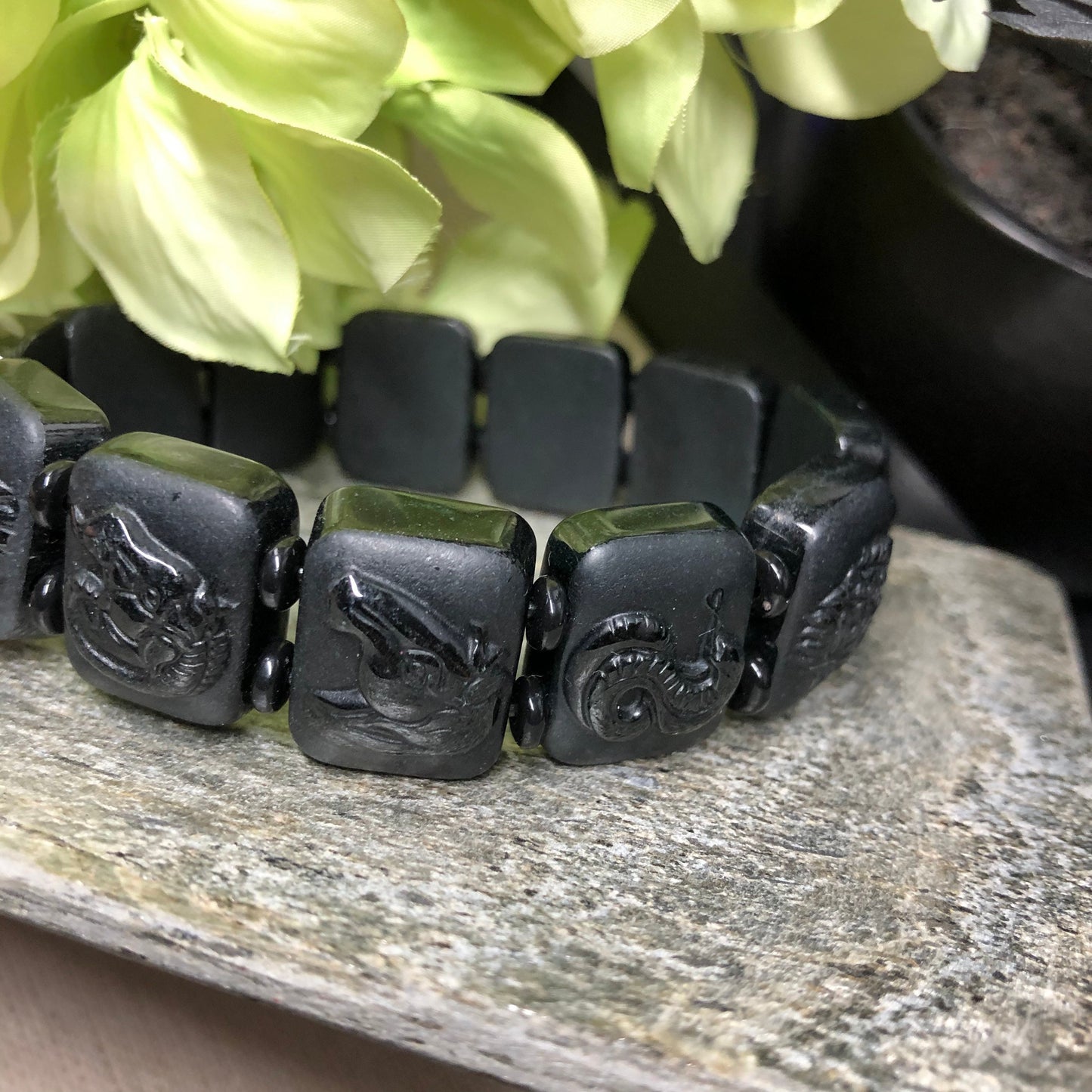 Certified Grade A Myanmar Omphacite 12 Zodiac Carved Black Jadeite Jade Bracelet 1.4mm x 12