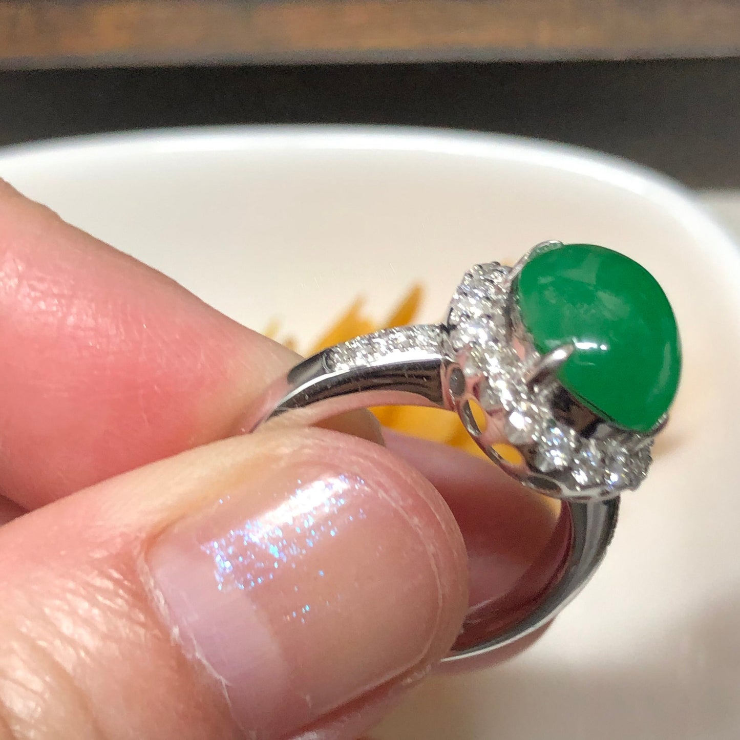 Certified Myanmar Grade A Jadeite Jade Green Janie Oval Cabochon Ring 18K White Gold 11.9mm