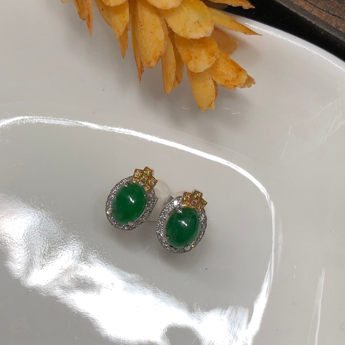 Certified Myanmar Grade A Jadeite Jade Yang Green Oval Cabochon Stud Earring 18K White Gold Diamonds