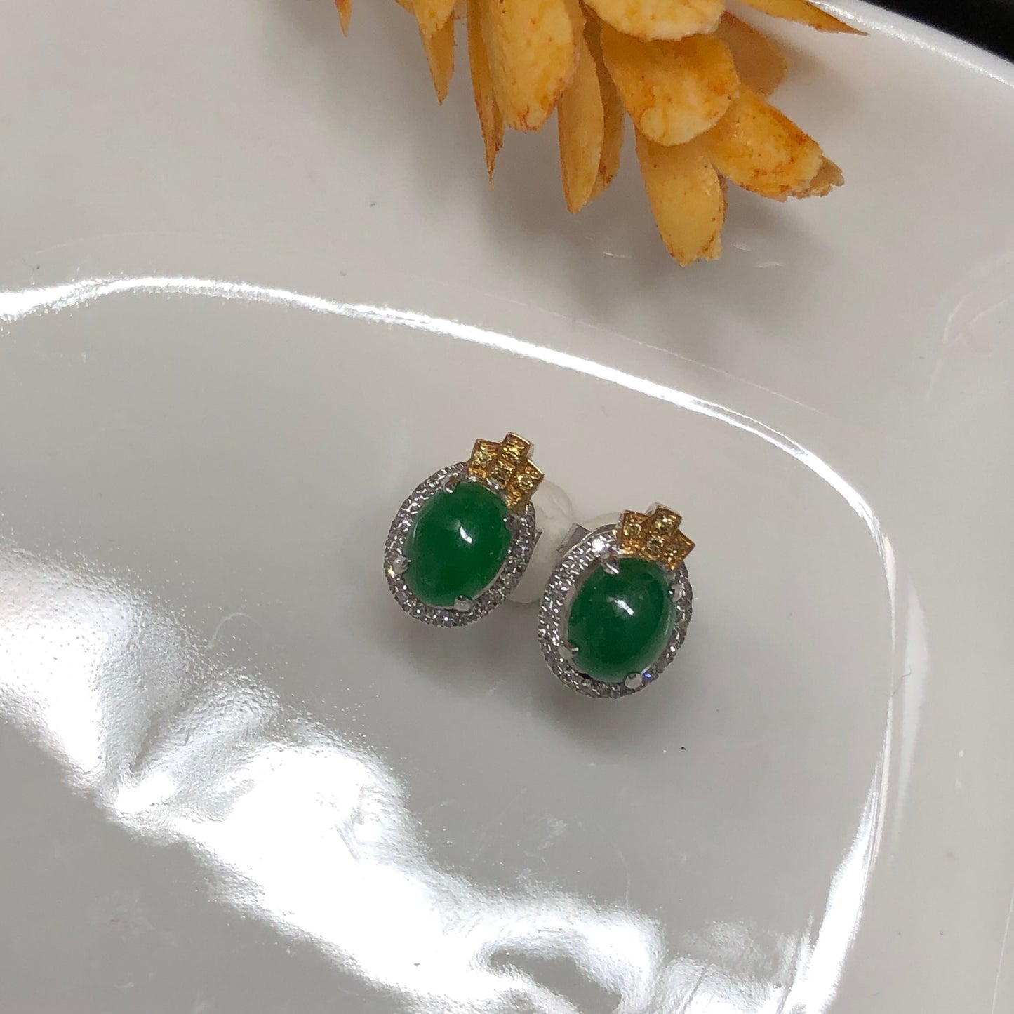 Certified Myanmar Grade A Jadeite Jade Yang Green Oval Cabochon Stud Earring 18K White Gold Diamonds