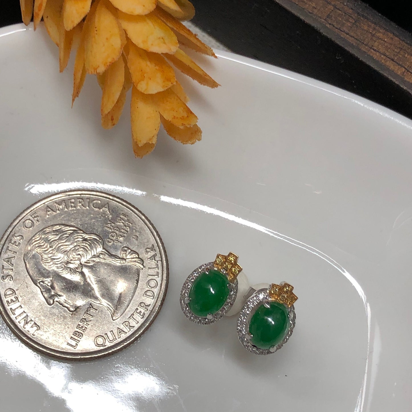 Certified Myanmar Grade A Jadeite Jade Yang Green Oval Cabochon Stud Earring 18K White Gold Diamonds