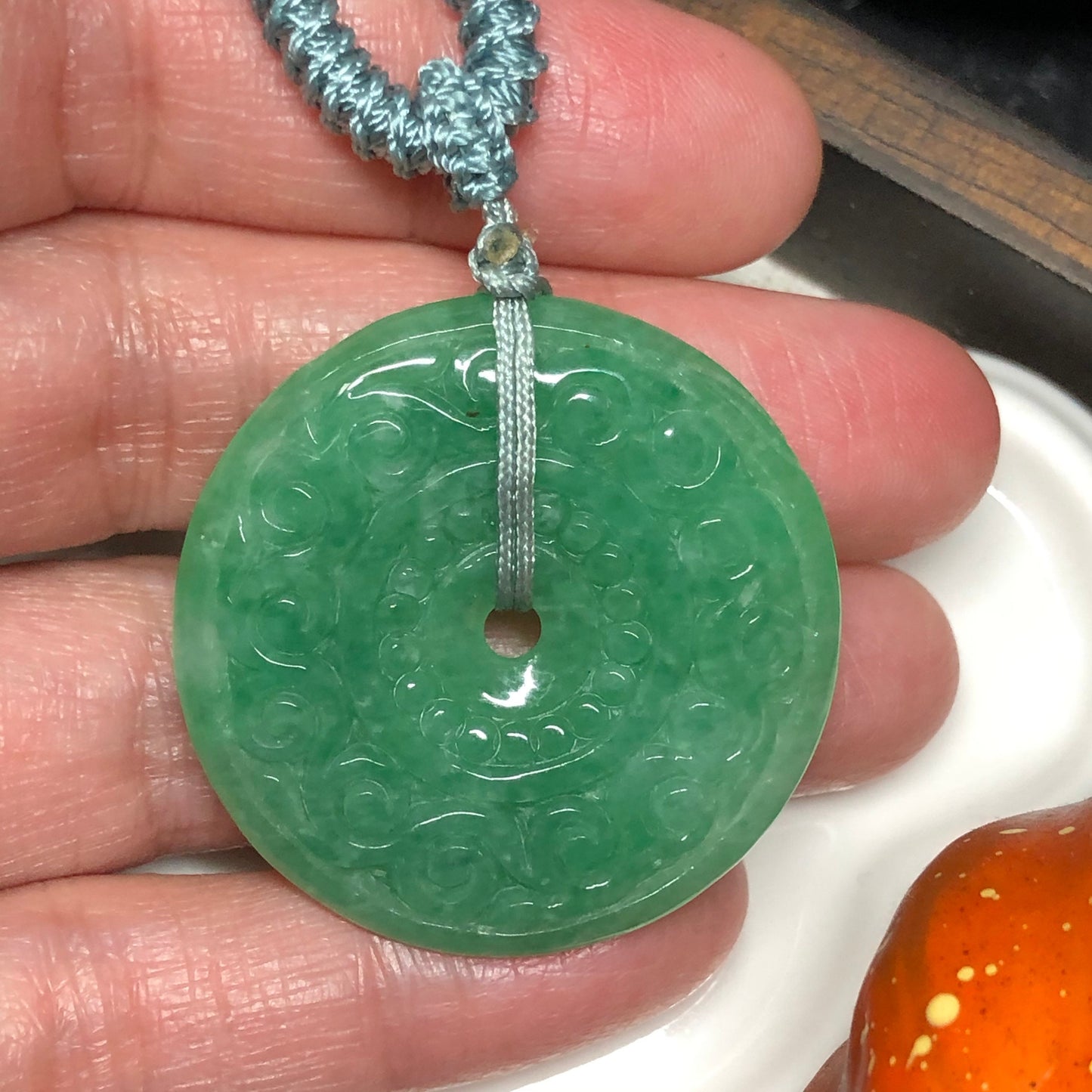 34.6mm Grade A Green Carved peace donut Jadeite Jade Pendant RARE