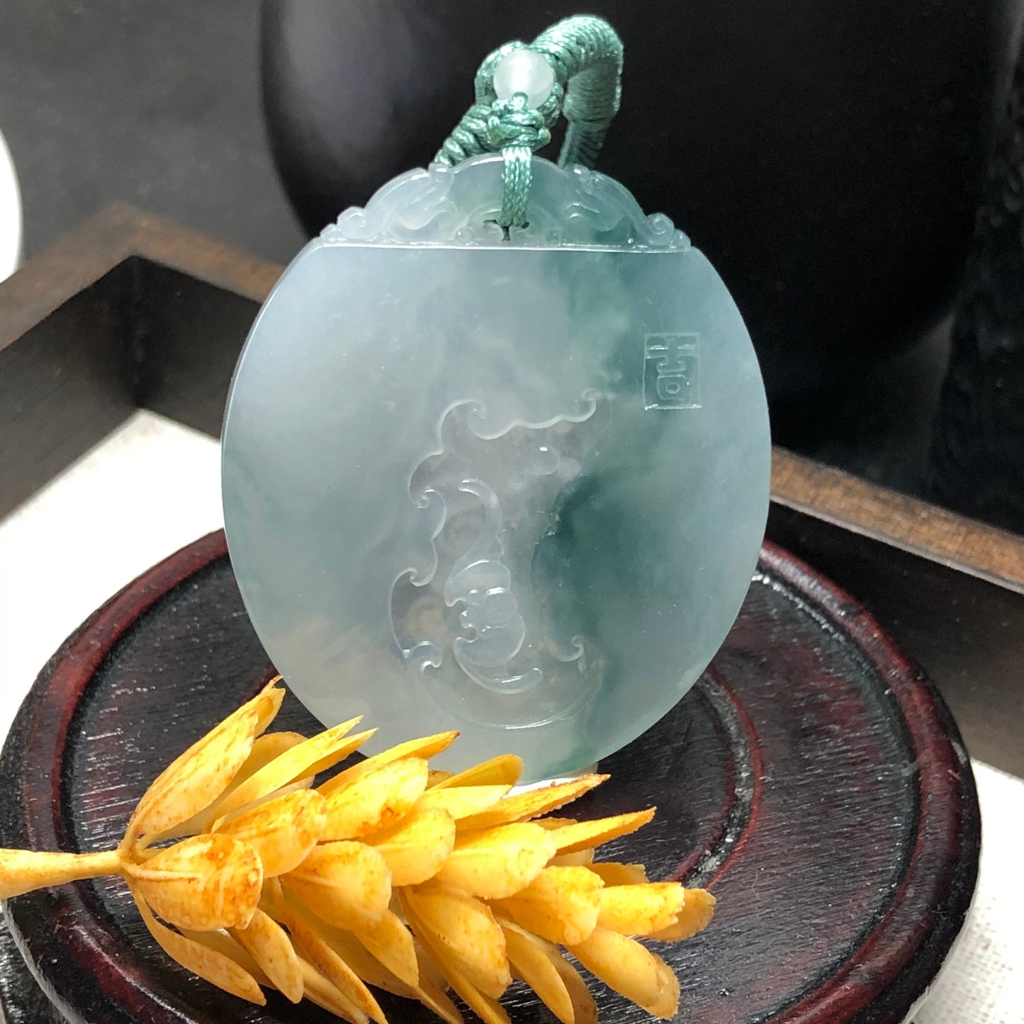 50.6mm Grade A Green Carved Dragon Bat Jadeite Jade Pendant RARE