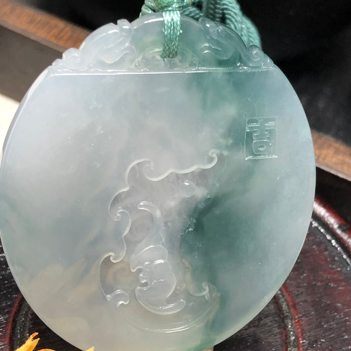 50.6mm Grade A Green Carved Dragon Bat Jadeite Jade Pendant RARE