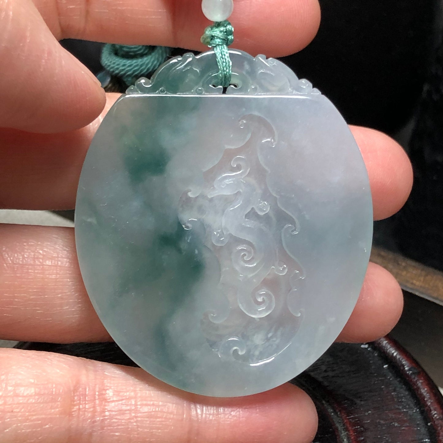 50.6mm Grade A Green Carved Dragon Bat Jadeite Jade Pendant RARE