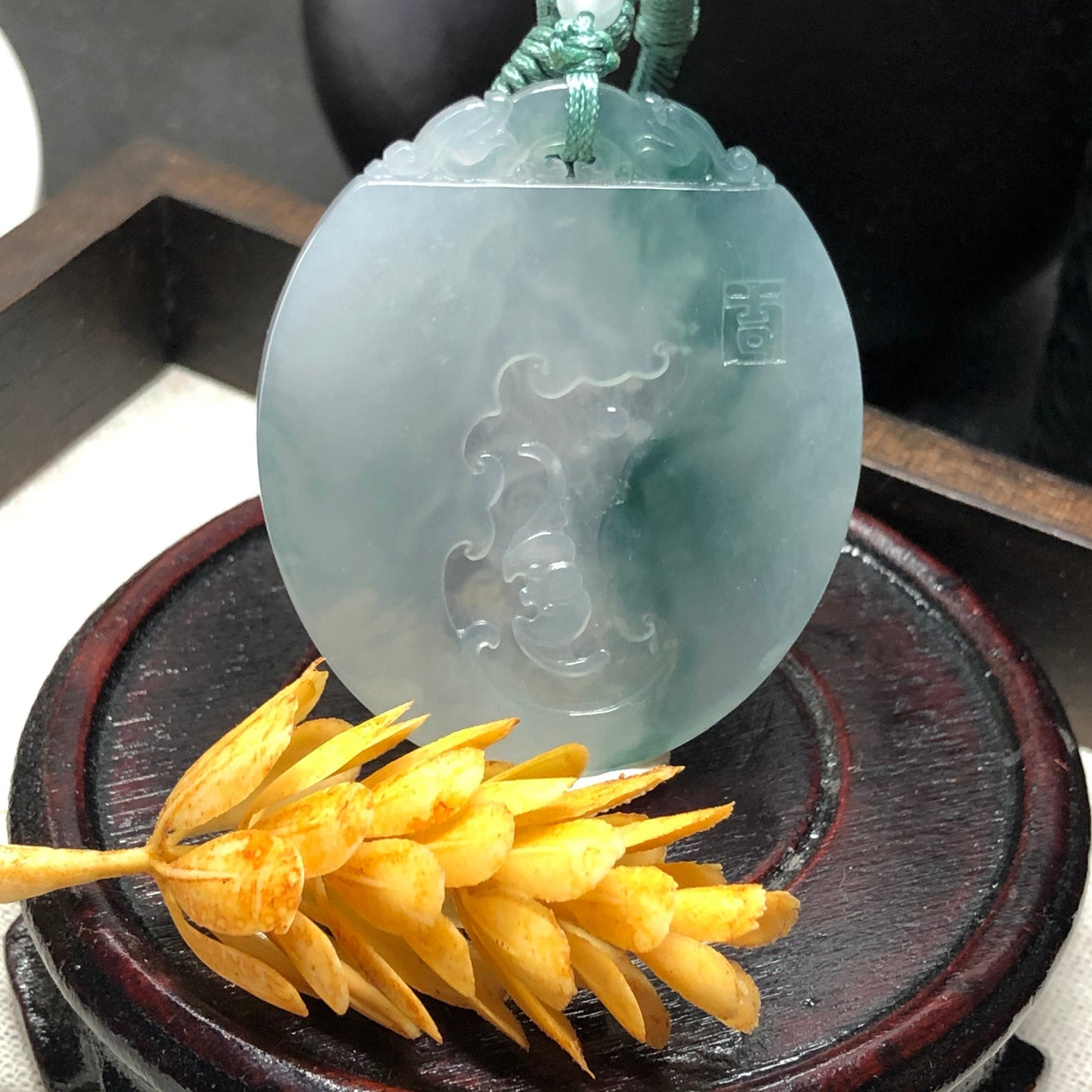 50.6mm Grade A Green Carved Dragon Bat Jadeite Jade Pendant RARE