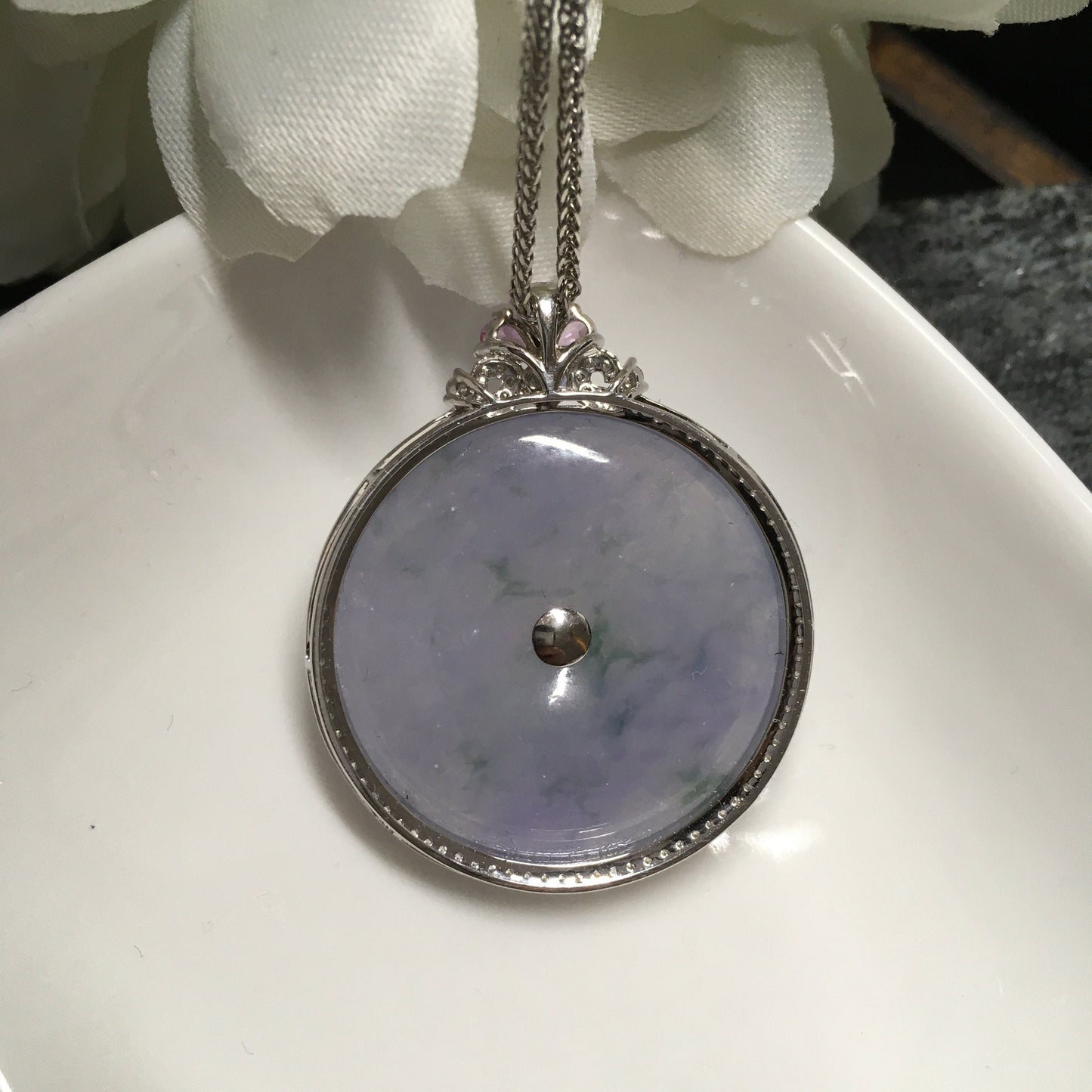 Certified Grade A Light Lavender With FLOATING Flowers Jade Jadeite Peace DONUT Pendant Set ON 18K White GOld