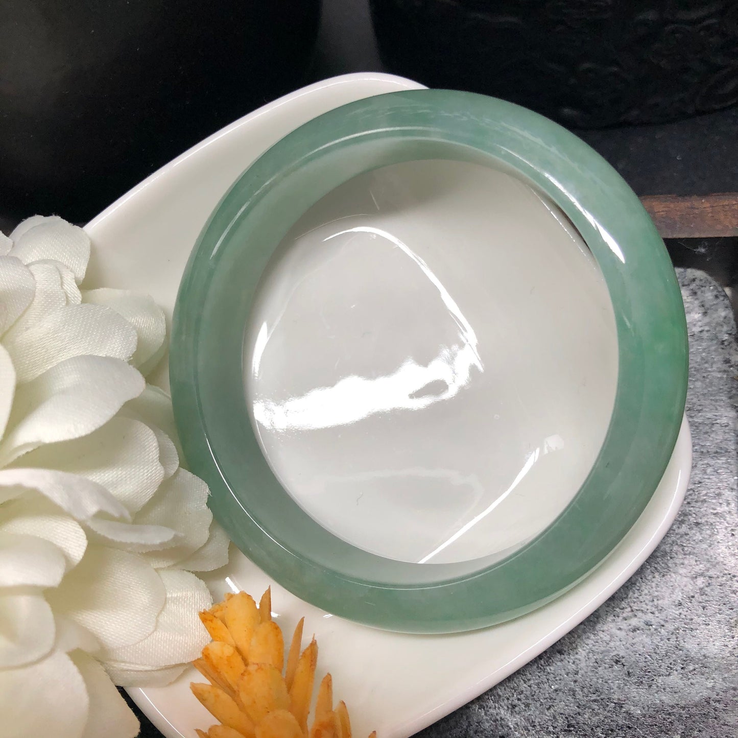 Reserved. 57mm Grade A Icy Green Round D-Shaped Jadeite Jade Bangle Translucent