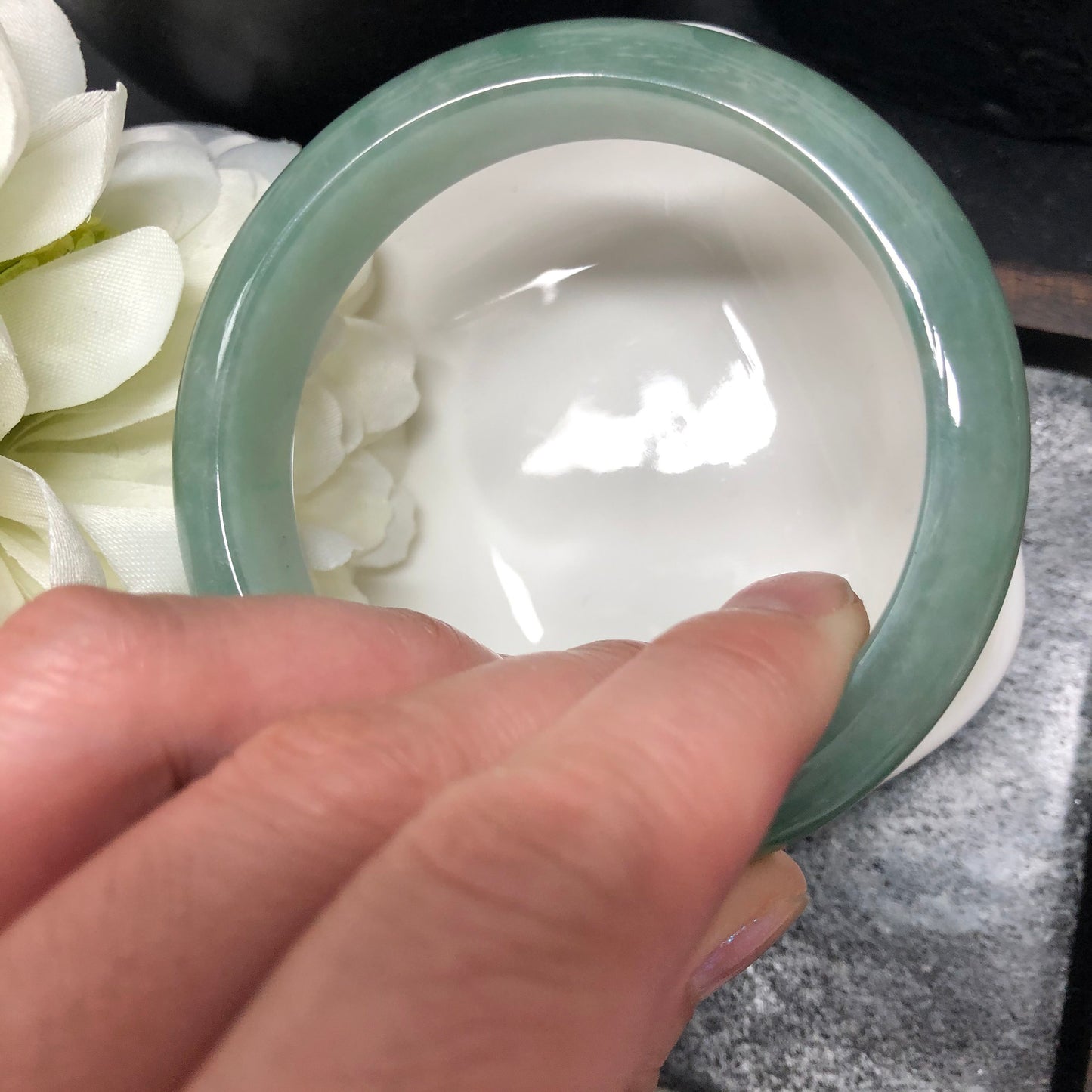 Reserved. 57mm Grade A Icy Green Round D-Shaped Jadeite Jade Bangle Translucent