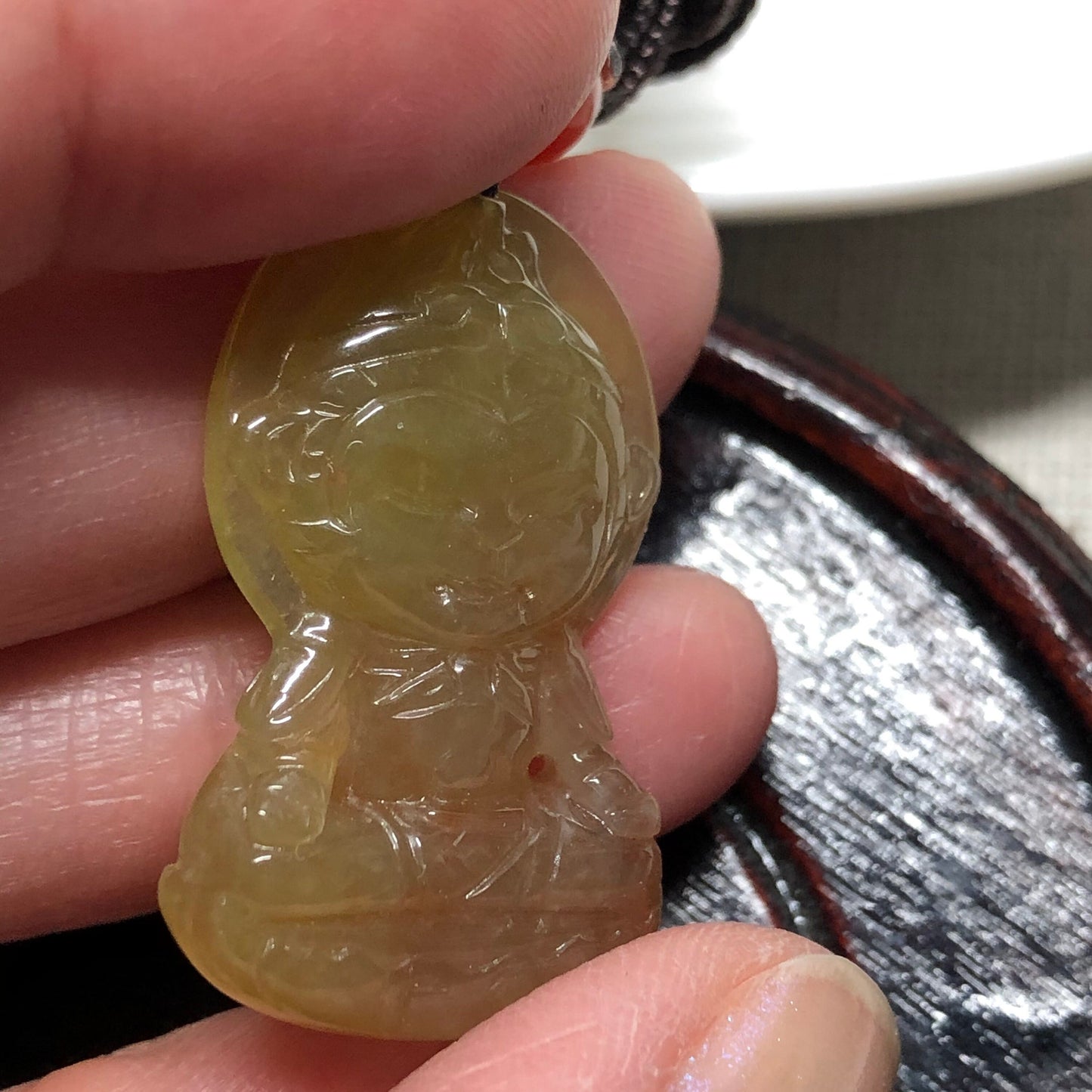 SALE: Grade A Carved Yellow Brown Monkey King Jadeite Jade Pendant with Leather Neck Rope