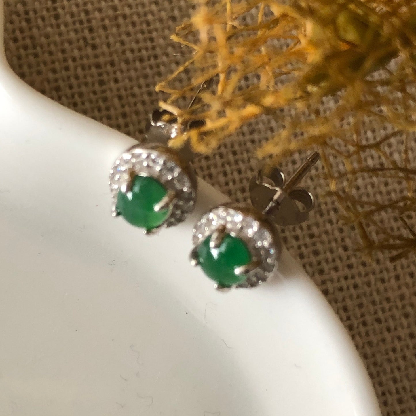 Grade A Jadeite Jade Mini Oval Cabochon Earring 925 Sterling Silver with Diamonds