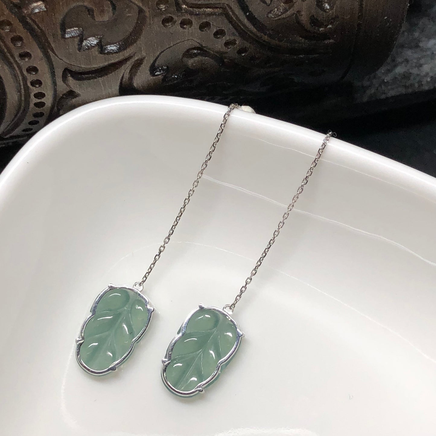 SALE: Grade A Icy Sky Blue Jadeite Jade Dangle Leaf string earrings set on 18K white Gold