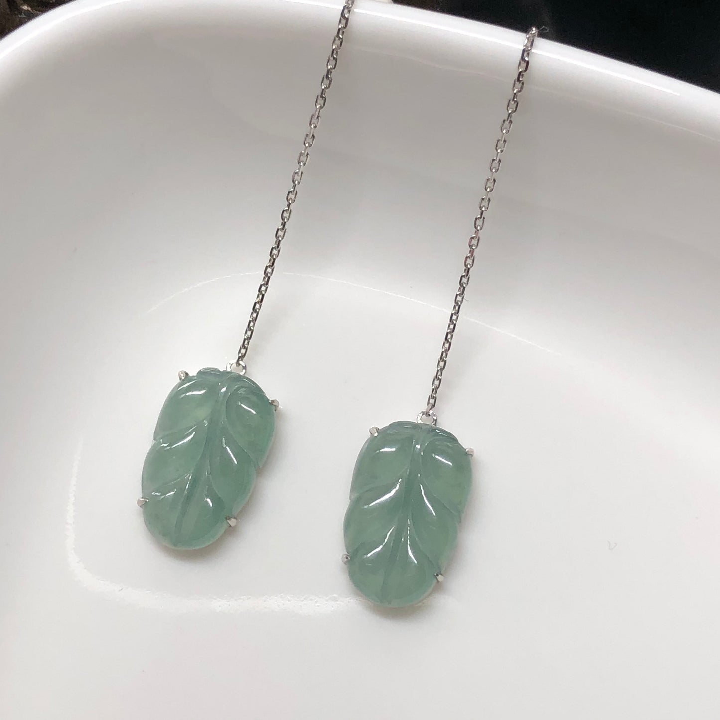 SALE: Grade A Icy Sky Blue Jadeite Jade Dangle Leaf string earrings set on 18K white Gold