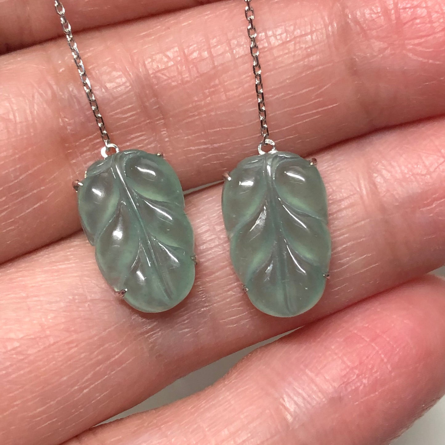 SALE: Grade A Icy Sky Blue Jadeite Jade Dangle Leaf string earrings set on 18K white Gold