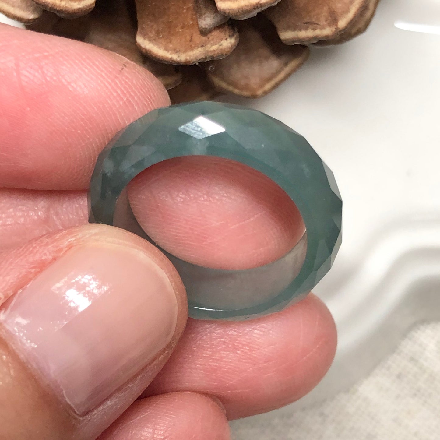 Certified Grade A Jadeite Jade Icy Lake Green Carved Band Ring 16mm