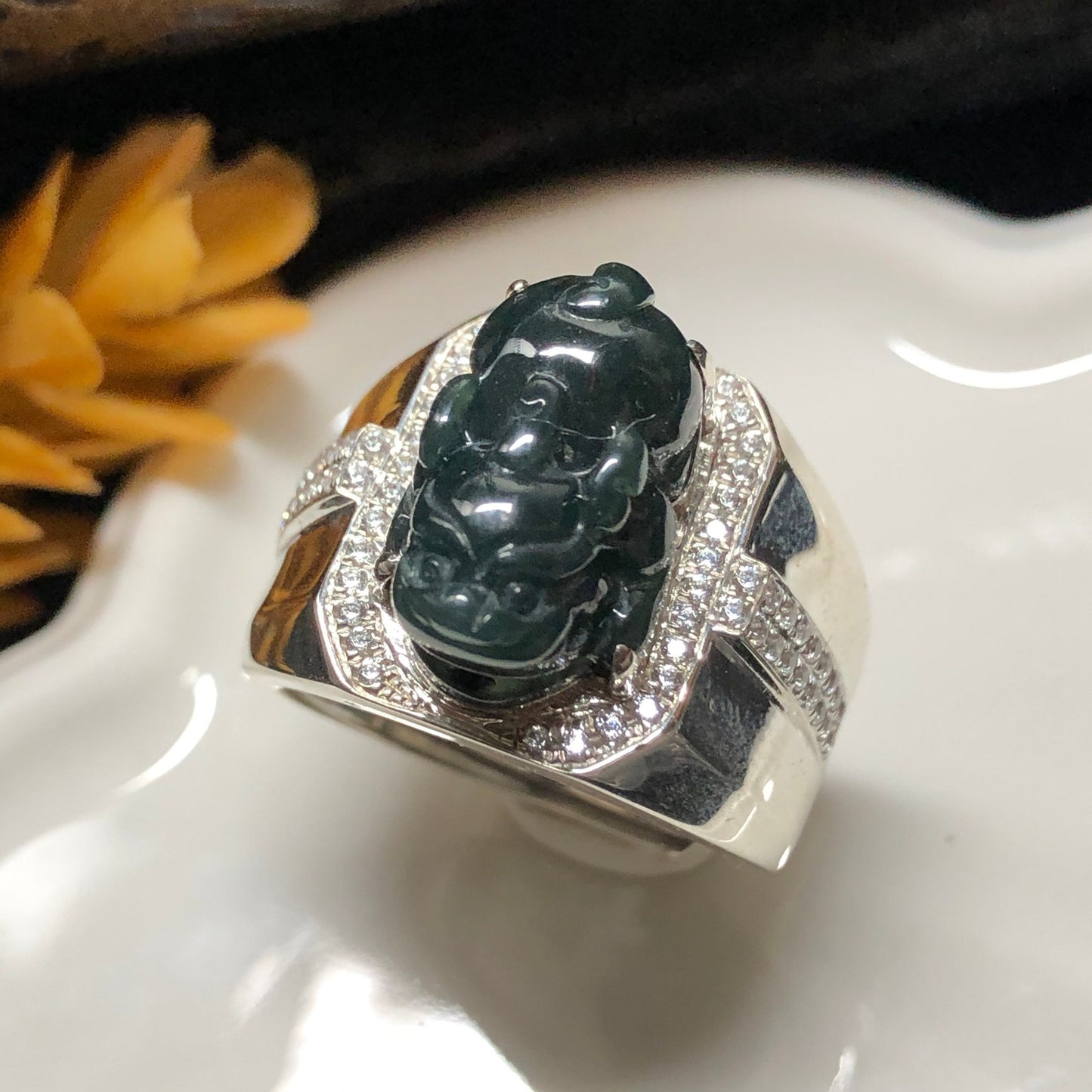 Mens Ring Pixiu Blue Green Grade A Jadeite Jade Green Adjustable Size 925 Sterling Silver