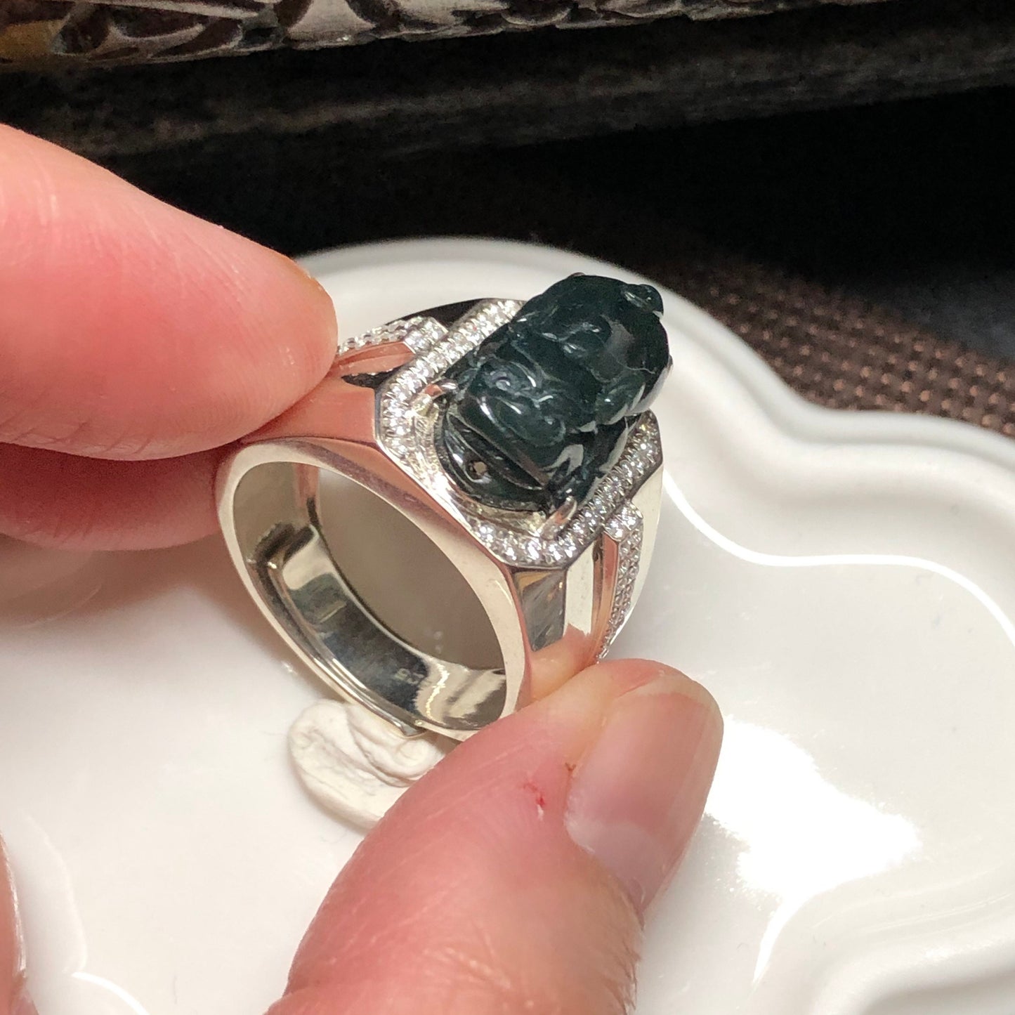 Mens Ring Pixiu Blue Green Grade A Jadeite Jade Green Adjustable Size 925 Sterling Silver