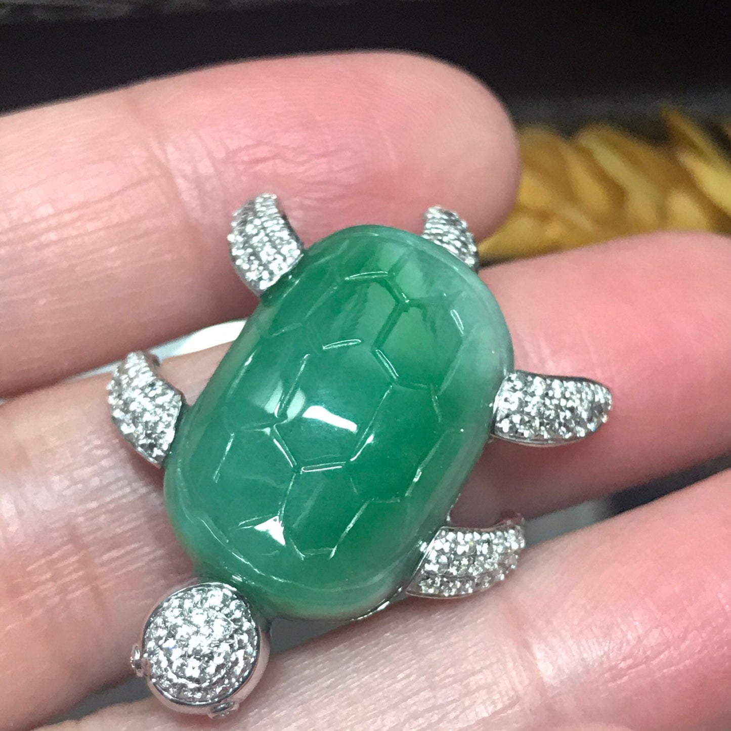 SALE: Grade A Green Jadeite Jade Unique Turtle Pendant 925 Silver