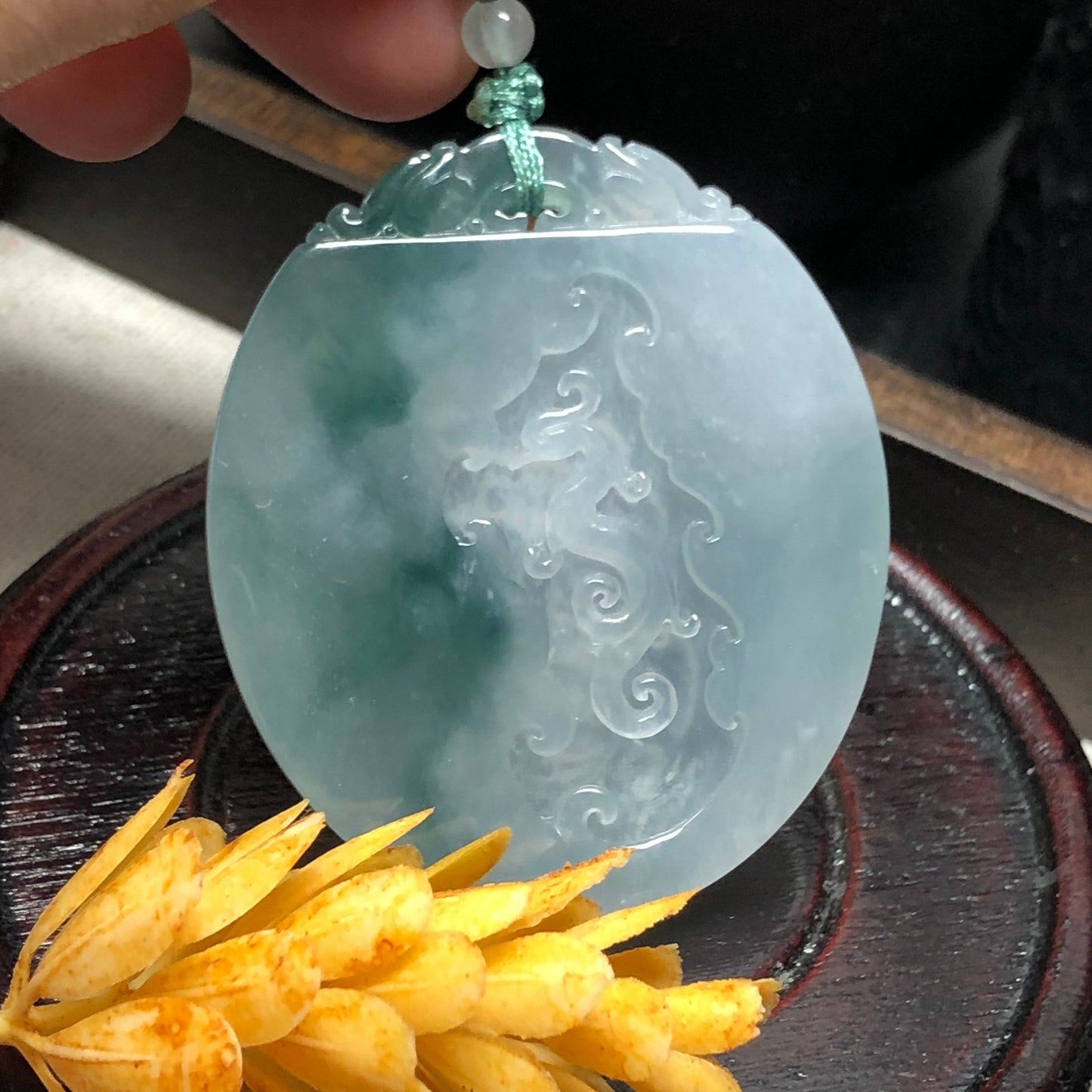 50.6mm Grade A Green Carved Dragon Bat Jadeite Jade Pendant RARE