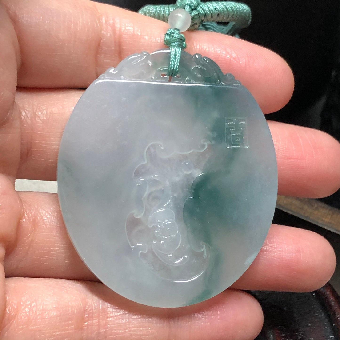 50.6mm Grade A Green Carved Dragon Bat Jadeite Jade Pendant RARE