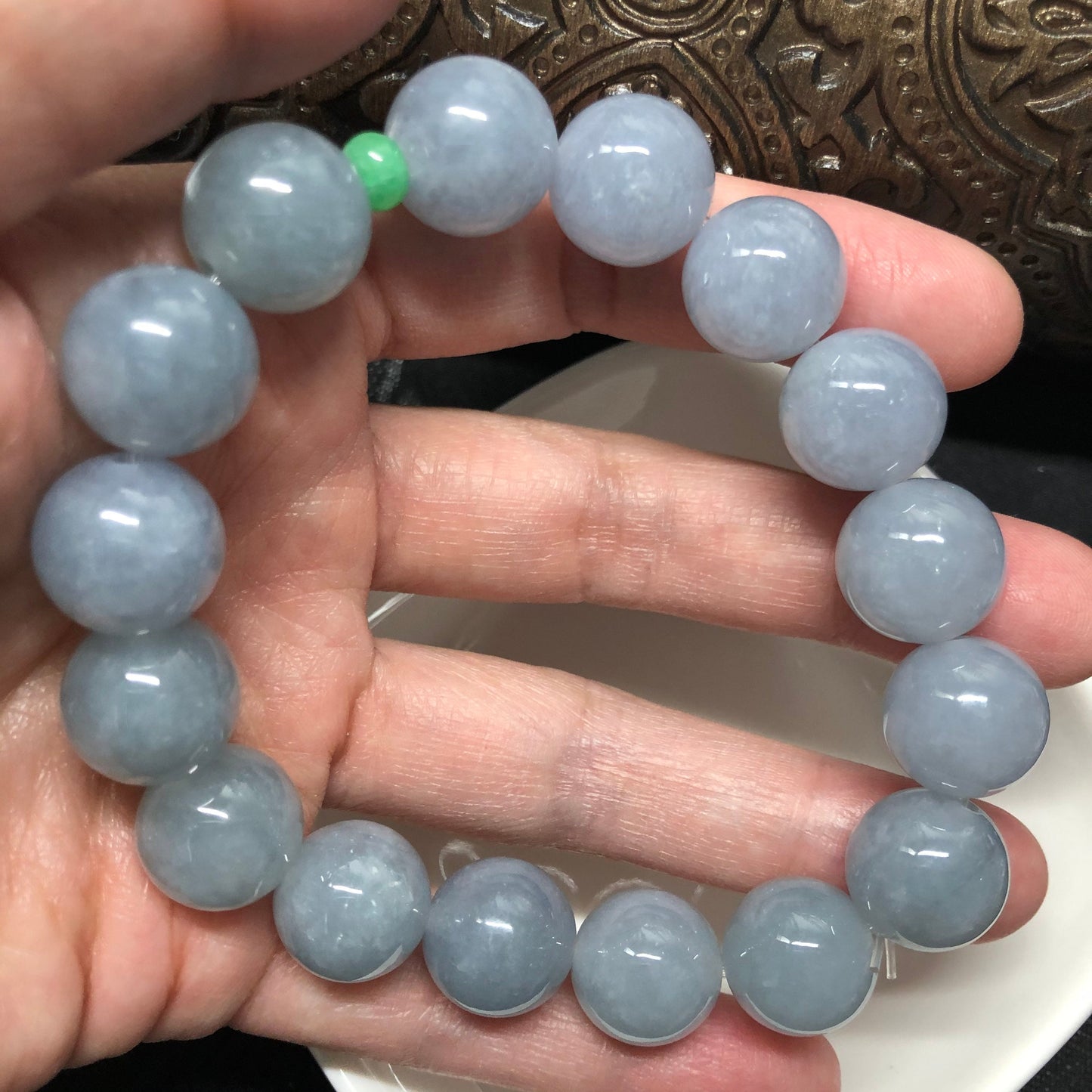 13.6mm Grade A Myanmar Icy Blue Lavender Bead Jadeite Jade Bracelet 13.6mm x 16 beads