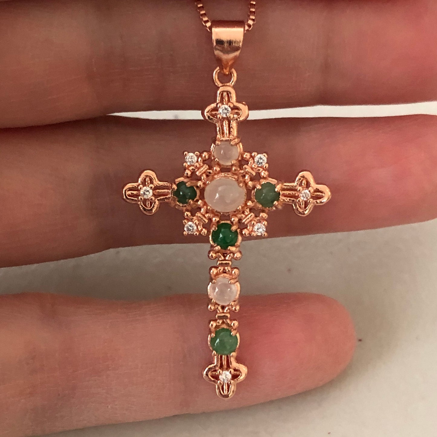 Myanmar Grade A Jadeite Jade Vintage Gothic Green Cross Pendant 925 Rose Gold Necklace