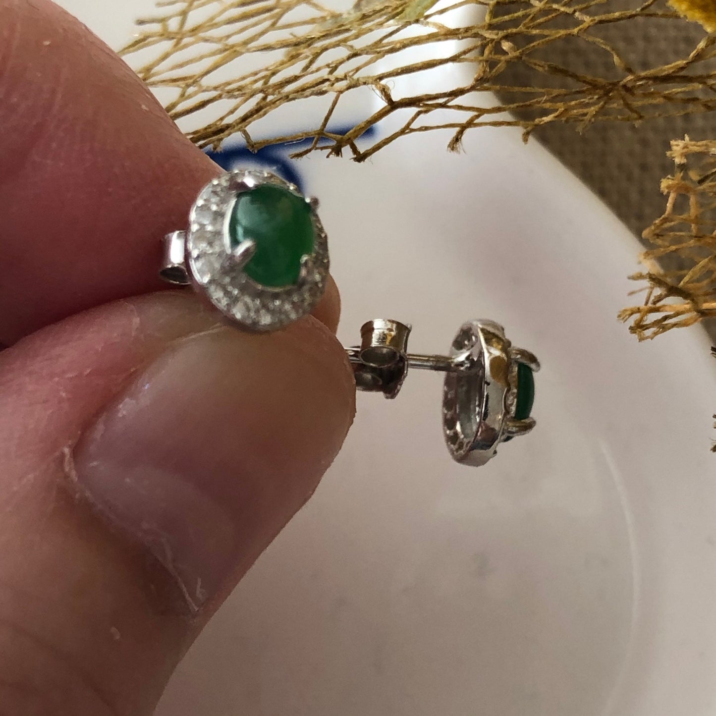 Grade A Jadeite Jade Mini Oval Cabochon Earring 925 Sterling Silver with Diamonds