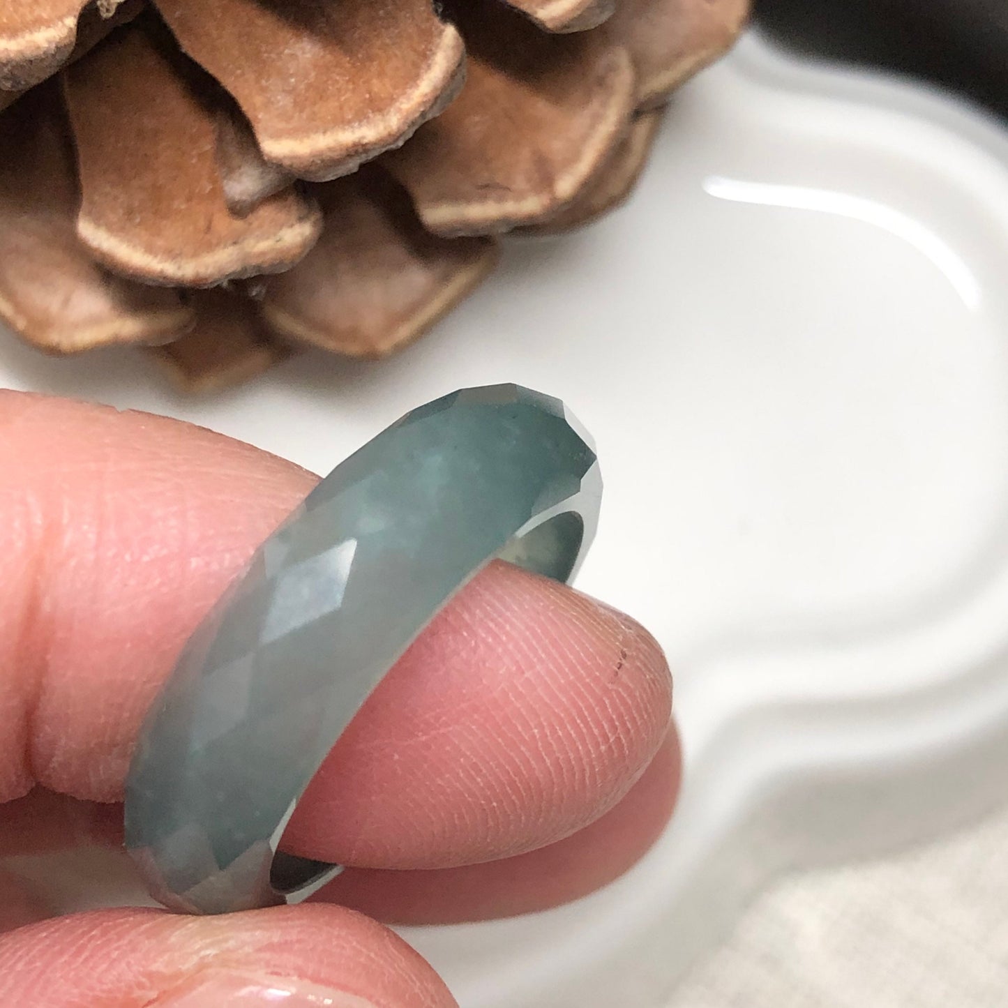 Certified Grade A Jadeite Jade Icy Lake Green Carved Band Ring 16mm